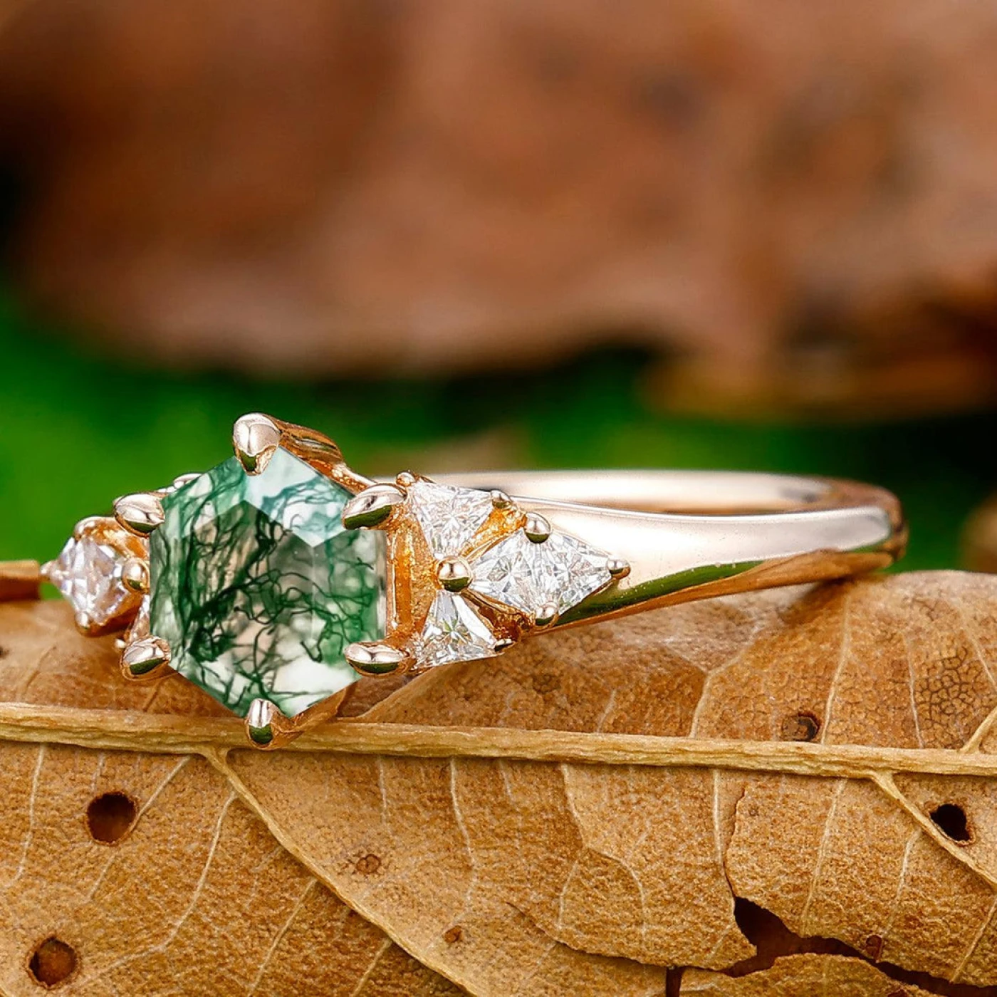 Retro Hexagon Cut Moss Agate Ring Triangle Moissanite Inlay Wedding Ring - view 2