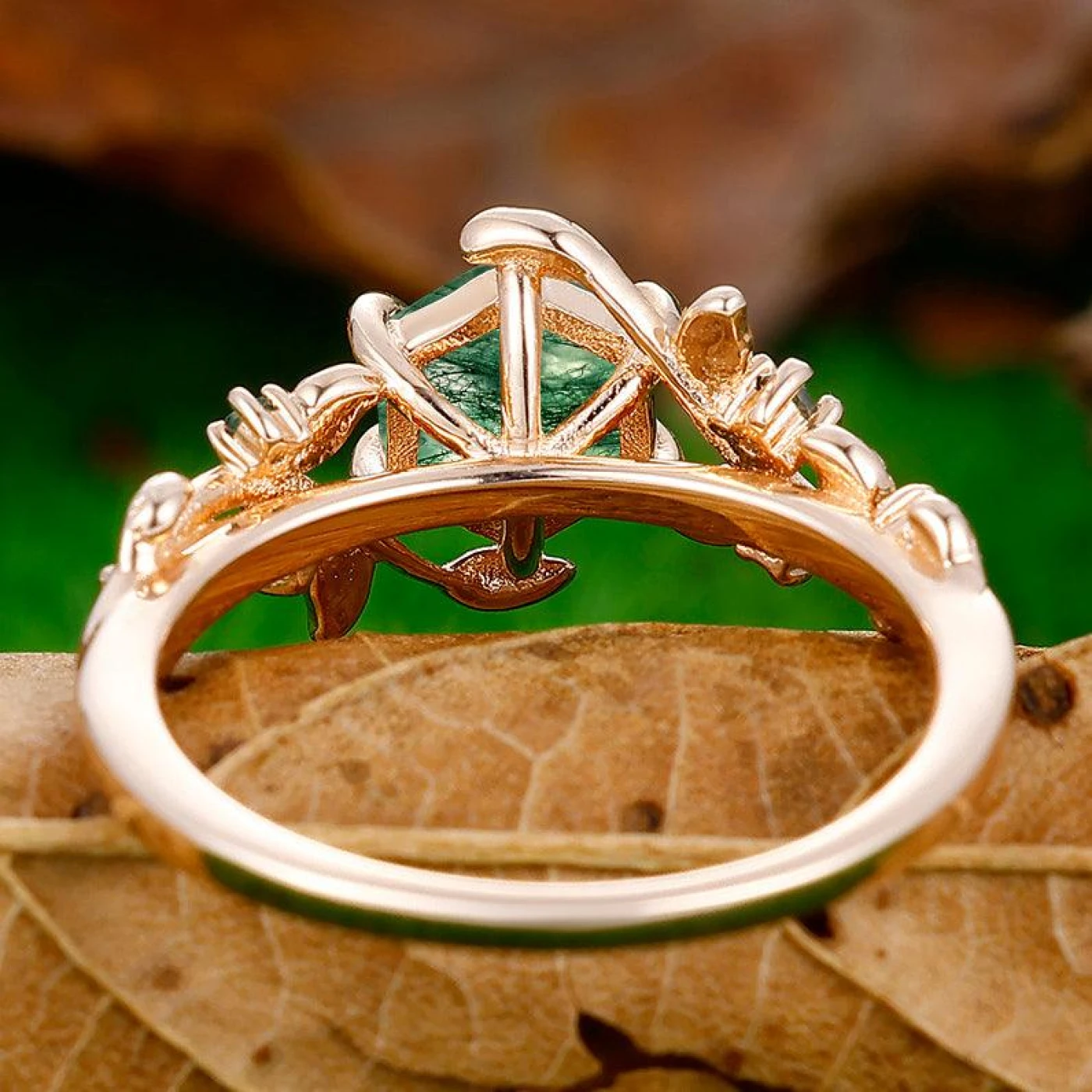 Hexagon Cut Natural Moss Agate Engagement Leaf Shape Ring For Anniversary Gift - view 4