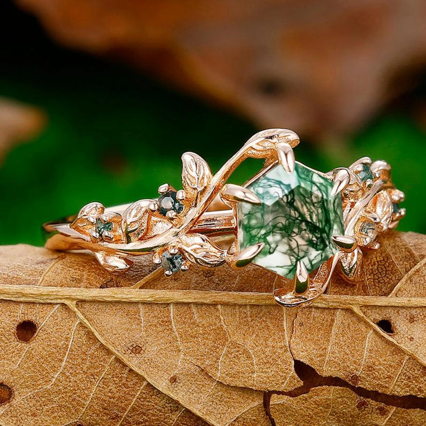 Hexagon Cut Natural Moss Agate Engagement Leaf Shape Ring For Anniversary Gift - view 3