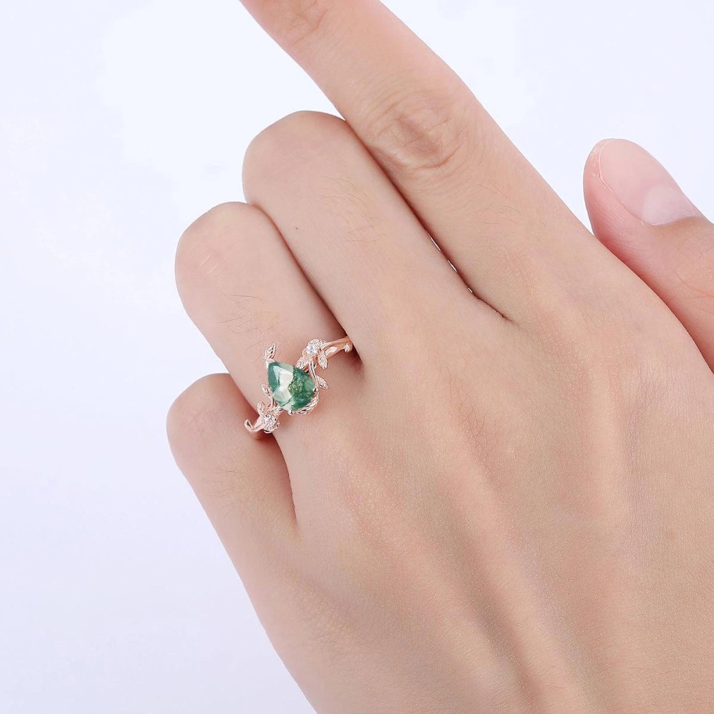 Pear Cut Natural Moss Agate Engagement Leaf Shape Ring For Anniversary Gift - view 6