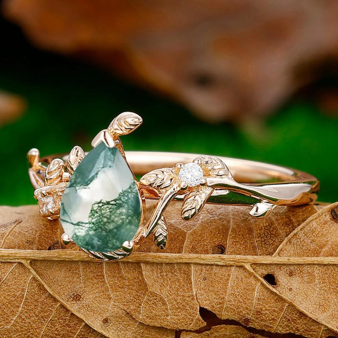 Pear Cut Natural Moss Agate Engagement Leaf Shape Ring For Anniversary Gift - view 2