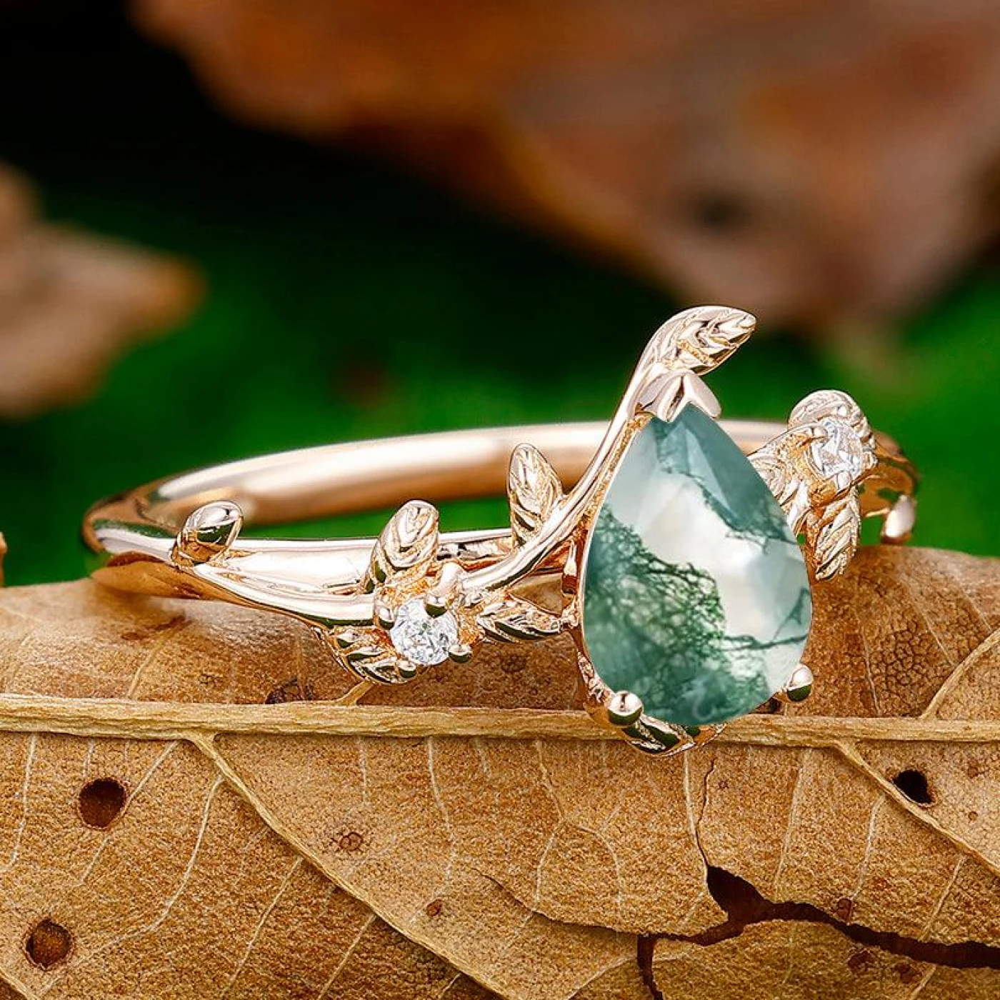 Pear Cut Natural Moss Agate Engagement Leaf Shape Ring For Anniversary Gift - view 3