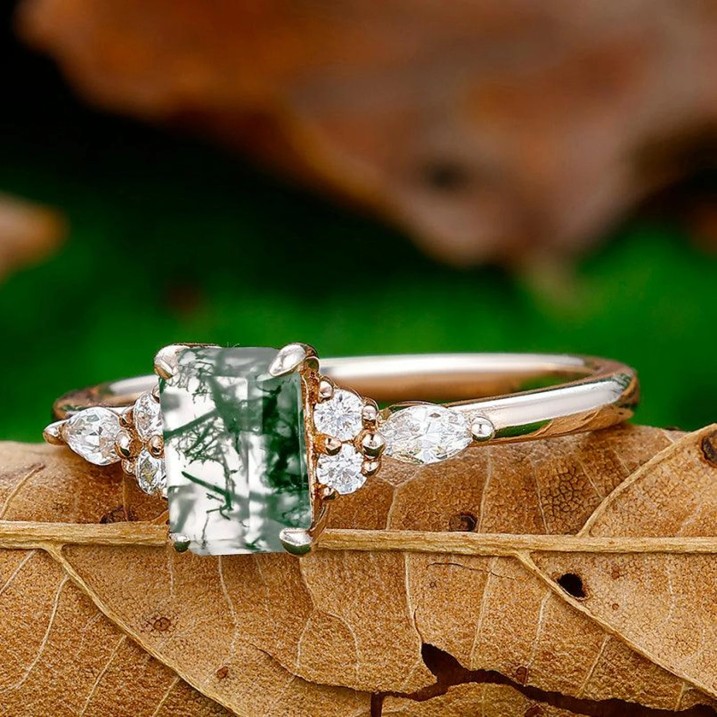 1CT Emerald Cut Natural Moss Agate Engagement Ring Anniversary Bridal Ring Gift - view 2