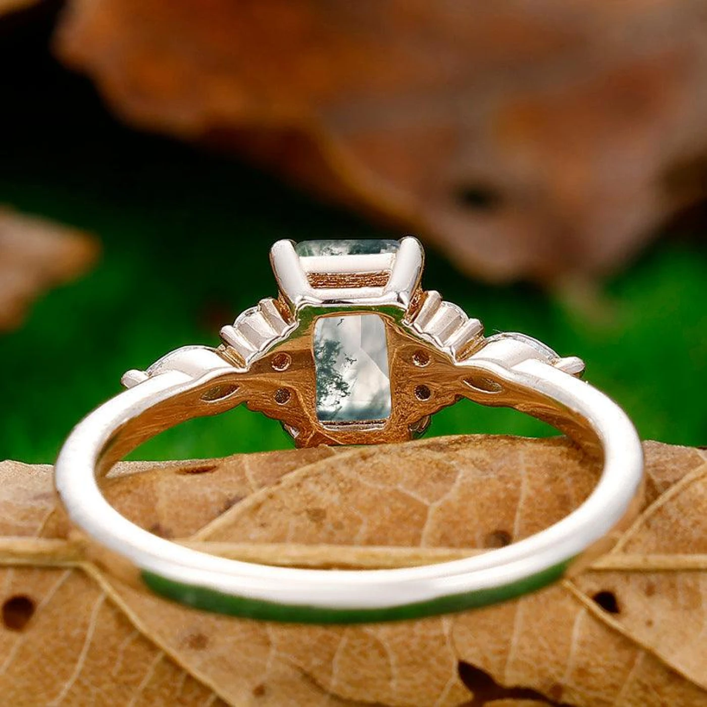 1CT Emerald Cut Natural Moss Agate Engagement Ring Anniversary Bridal Ring Gift - view 4