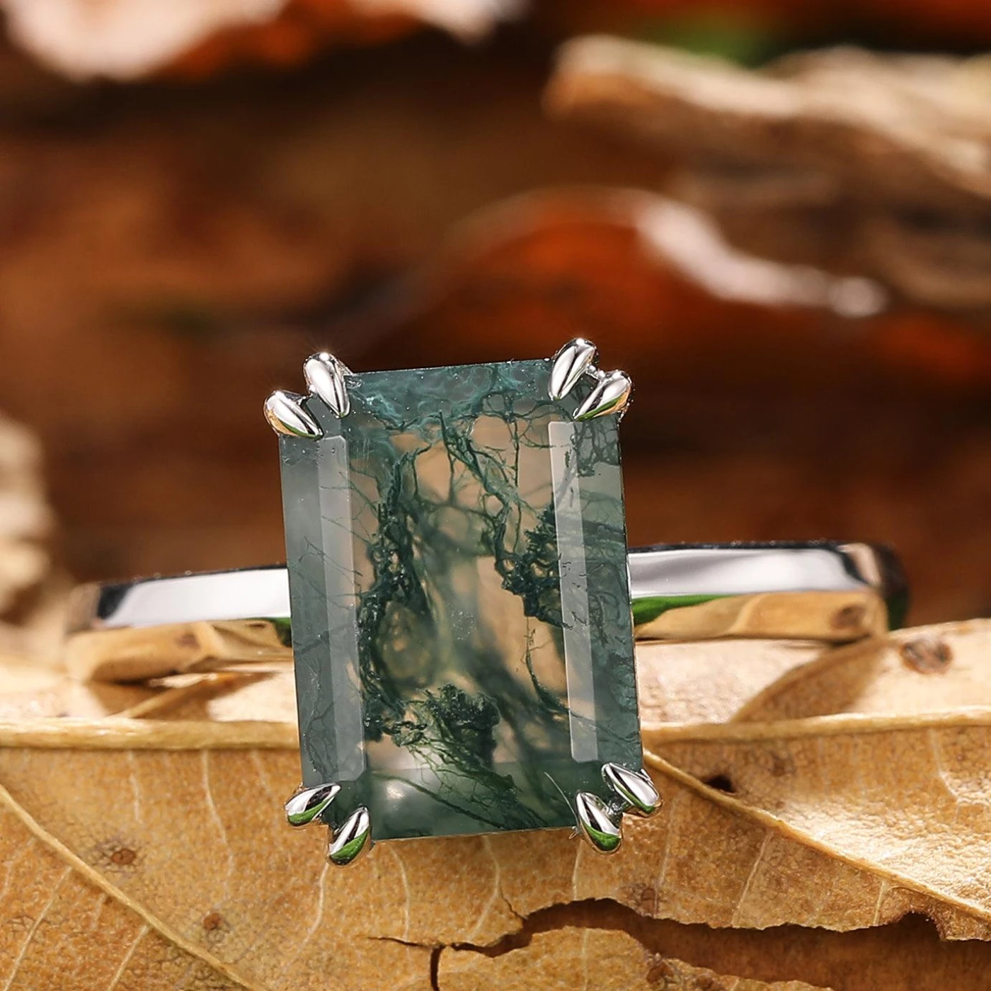 Double Prongs Emerald Cut Natural Moss Agate Engagement Ring