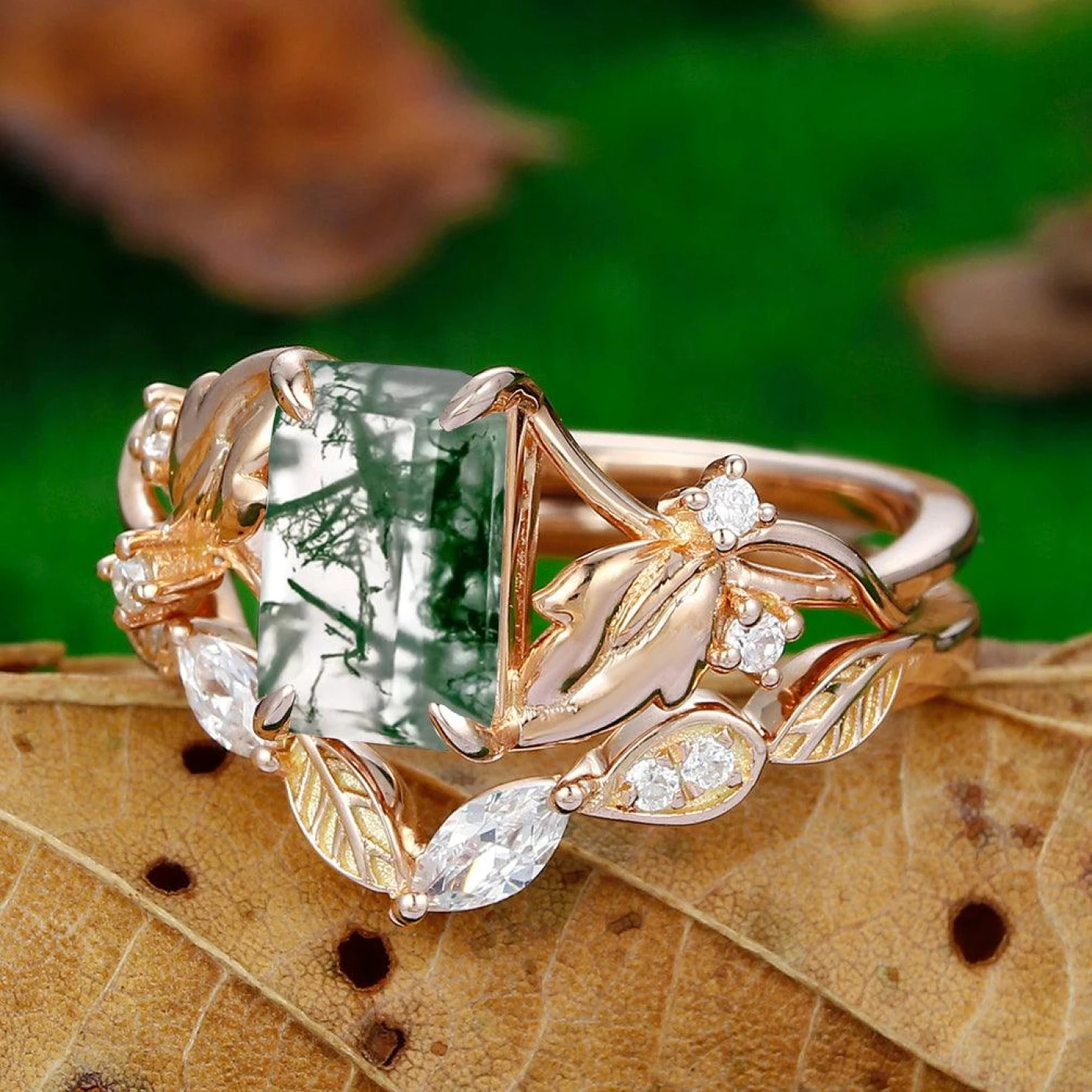 2.5CT Emerald Cut 14k Rose Gold Leaf Band Natural Moss Agate Bridal Ring Set - view 3