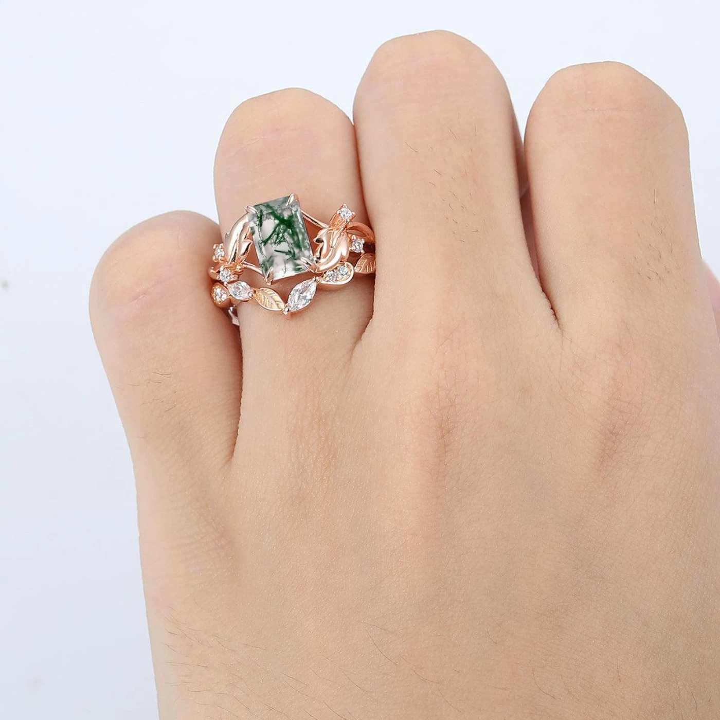 2.5CT Emerald Cut 14k Rose Gold Leaf Band Natural Moss Agate Bridal Ring Set - view 4