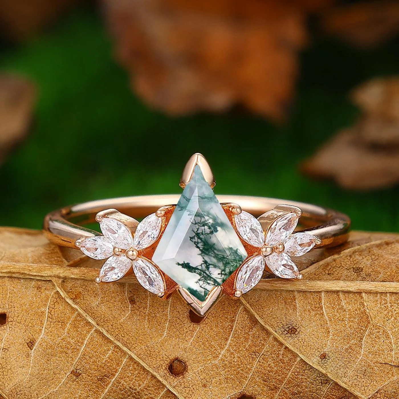 1.35 CT Kite Cut Natural Moss Agate Bridal Ring Set Rose Gold