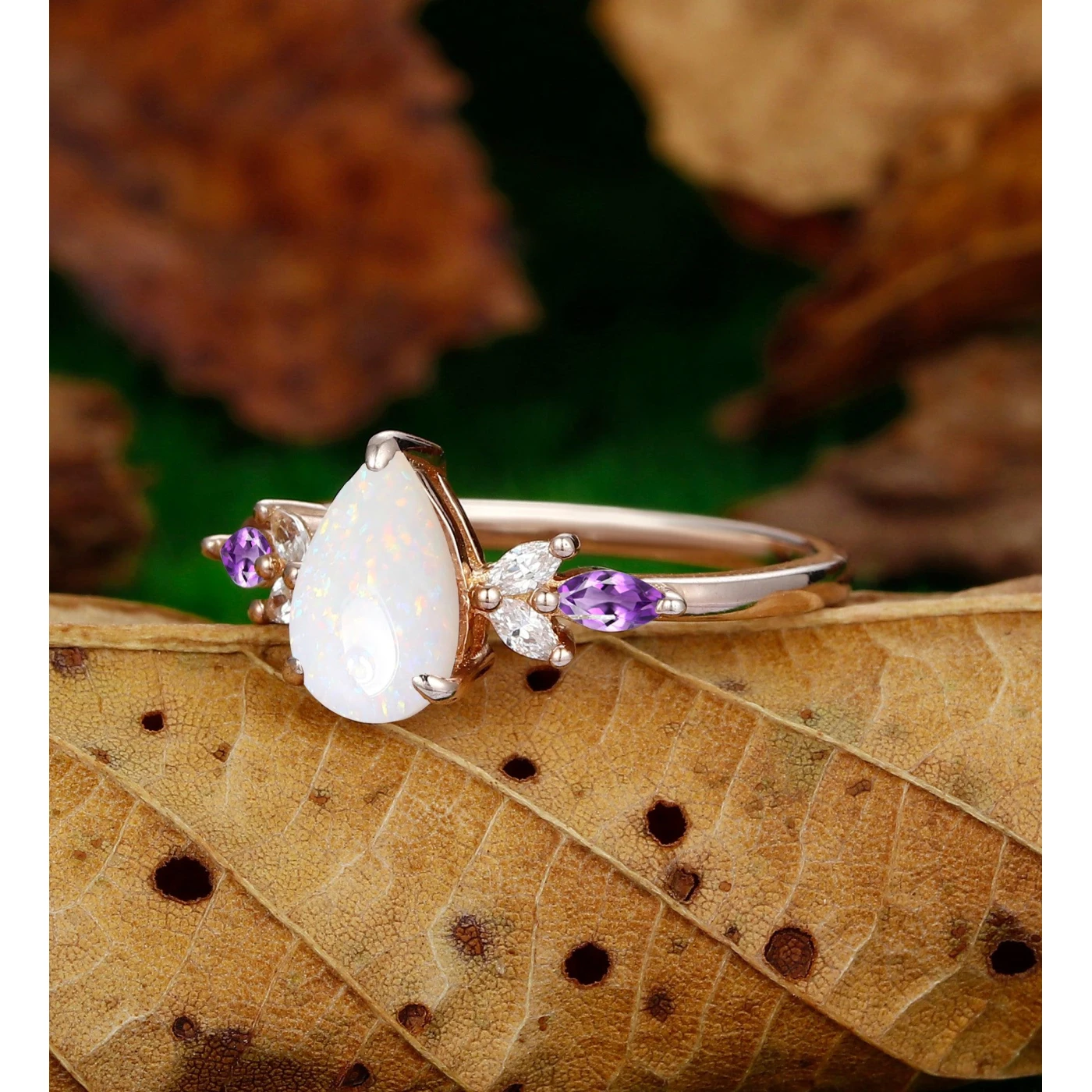 1.5ct Pear Cut Opal Engagement Ring 10k 14k Cluster October Birthstone - view 2