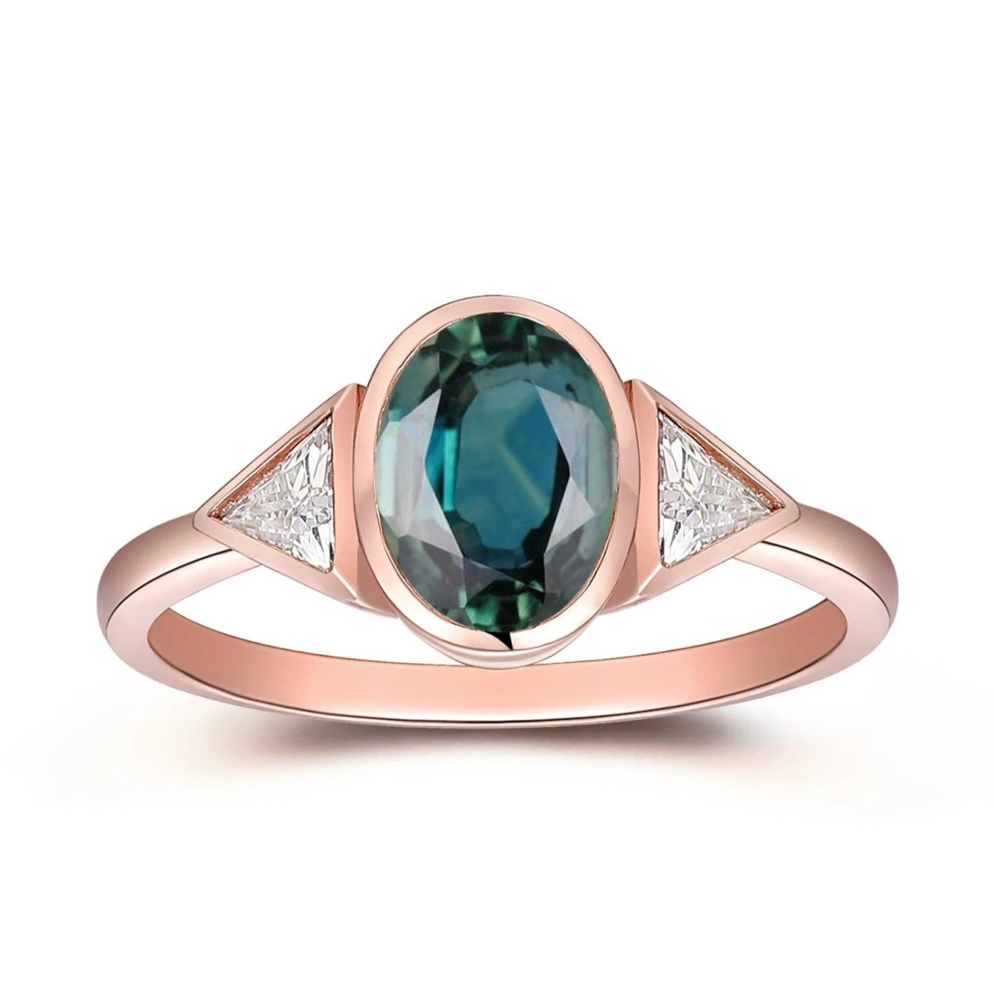 Oval Teal Sapphire Engagement Triangle Bridal Blue Green Sapphire Gold Ring