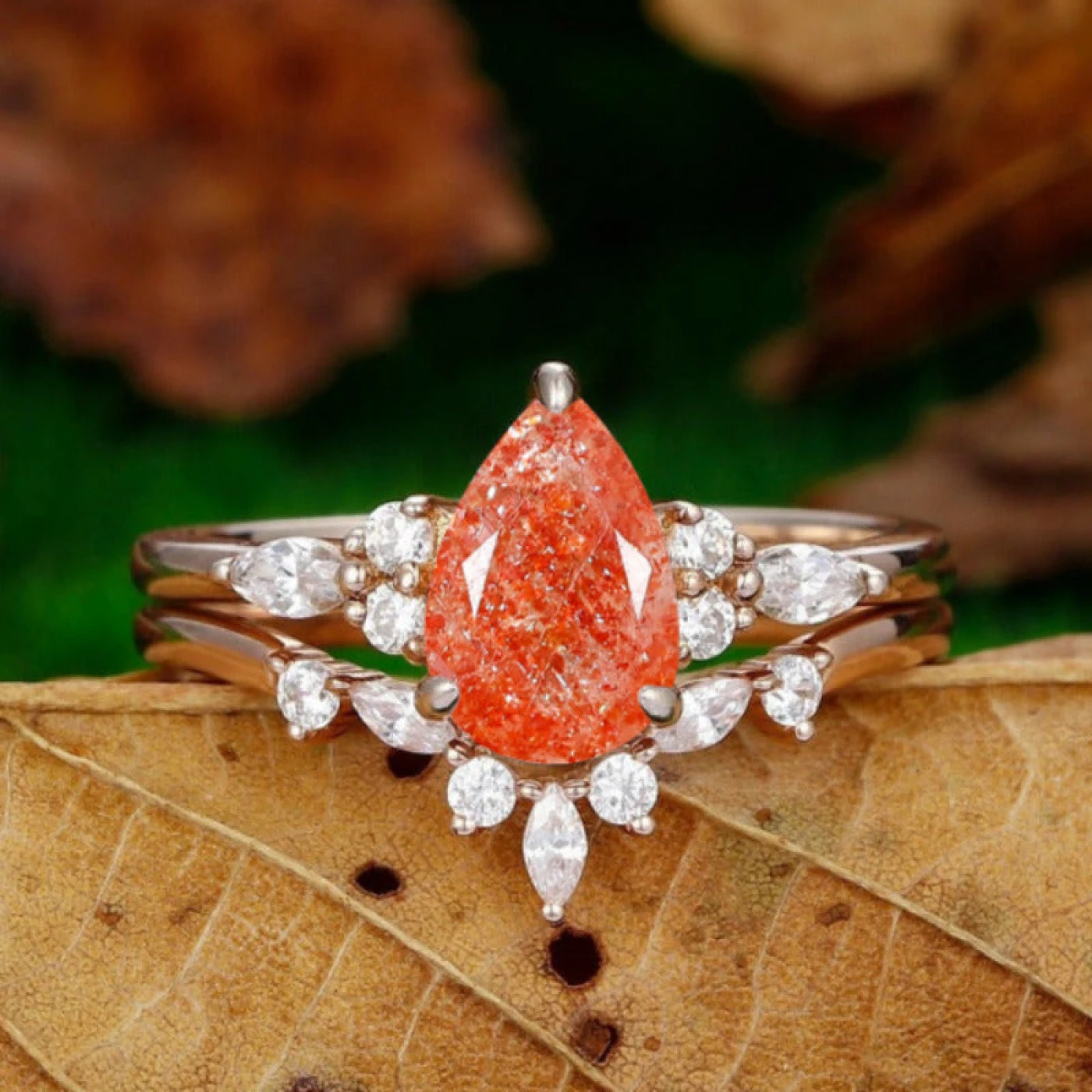 Noble Orange Sunstone Promise Engagement Ring Set 2 Piece Women Fine Wedding Band