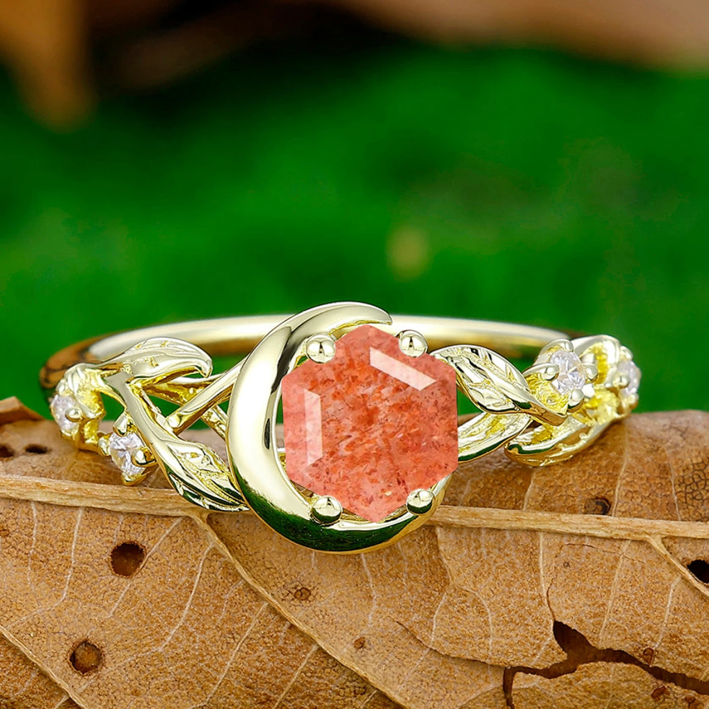 Unique Half Moon Leaves Orange Sunstone Engagement Ring Women Promise Ring