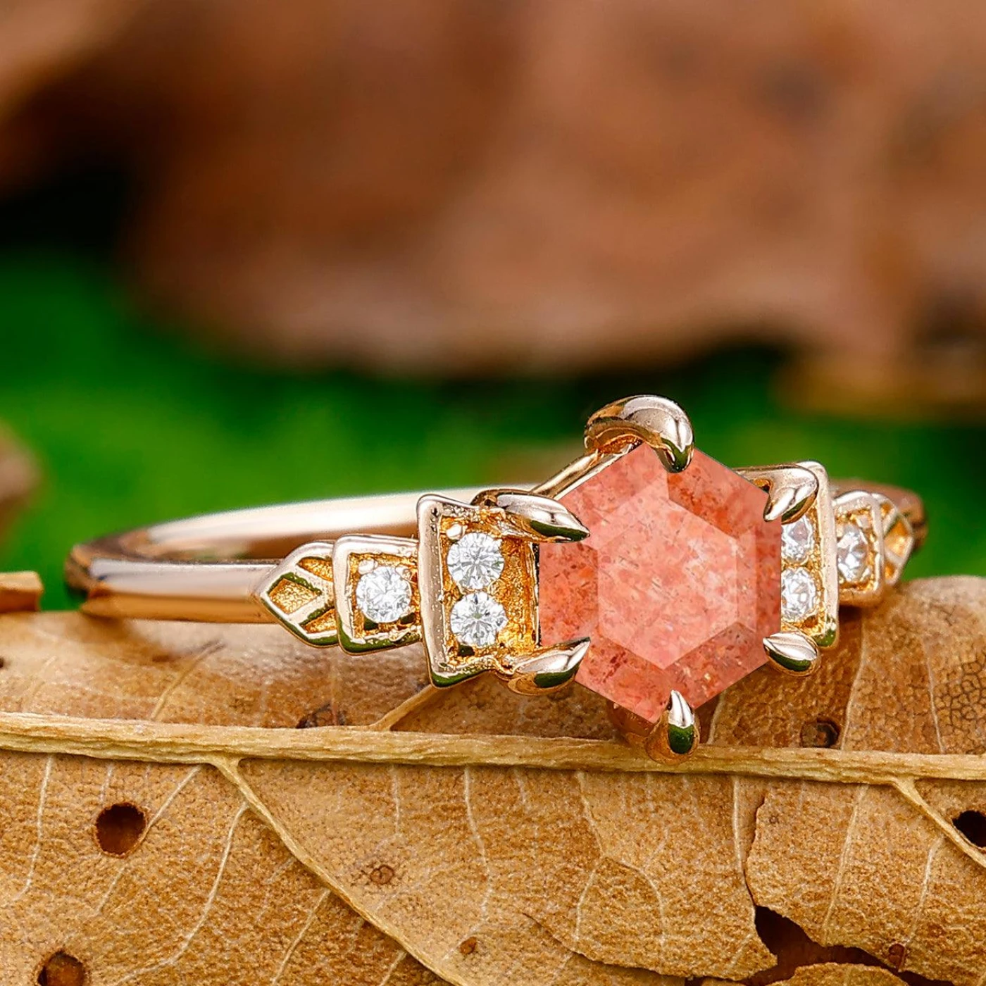 Retro 0.85CT Hexagon Cut Sunstone Engagement Ring Moissanite Prongs Ring - view 3