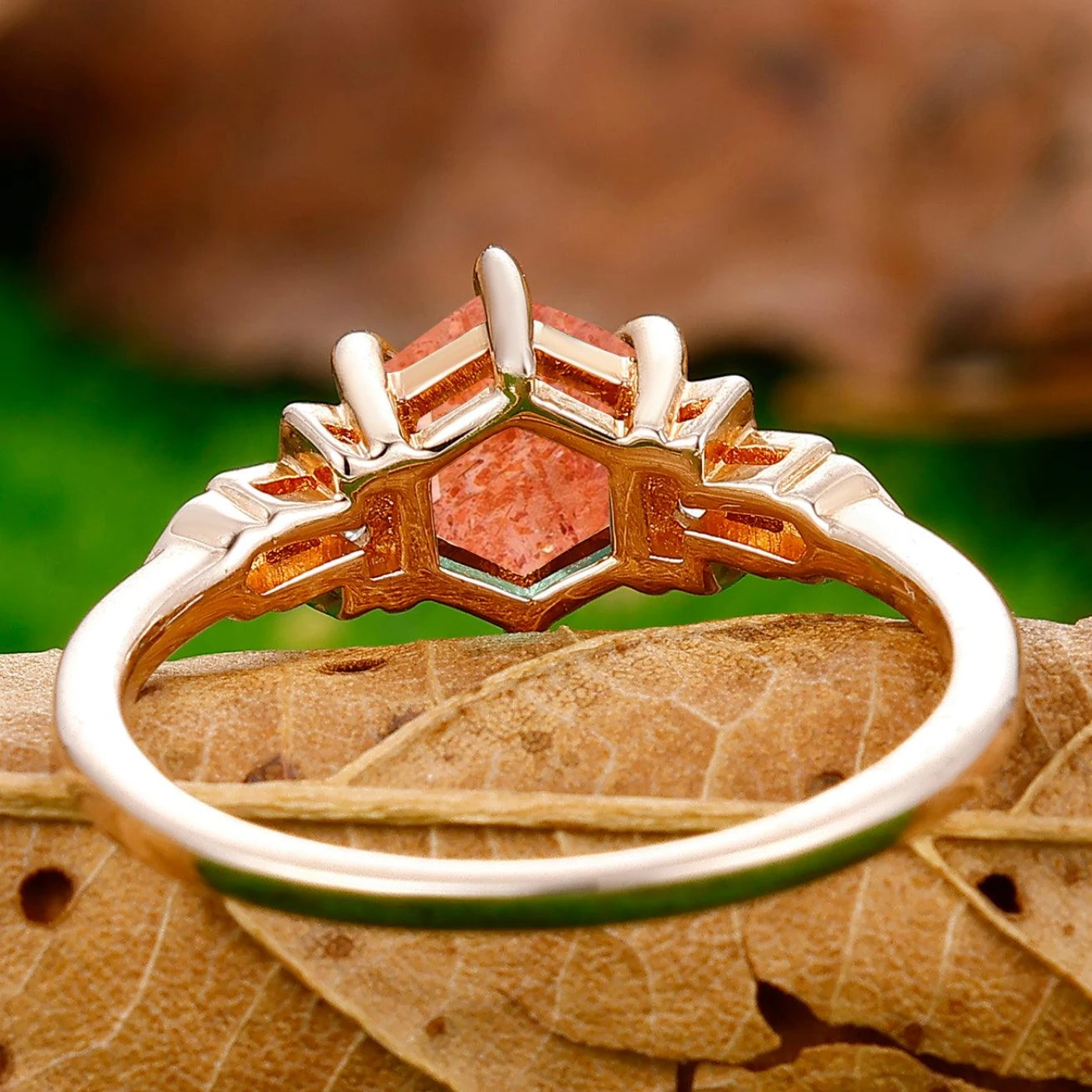 Retro 0.85CT Hexagon Cut Sunstone Engagement Ring Moissanite Prongs Ring - view 4