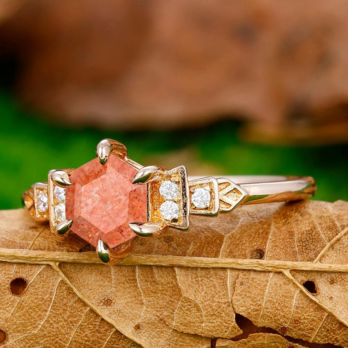 Retro 0.85CT Hexagon Cut Sunstone Engagement Ring Moissanite Prongs Ring - view 2