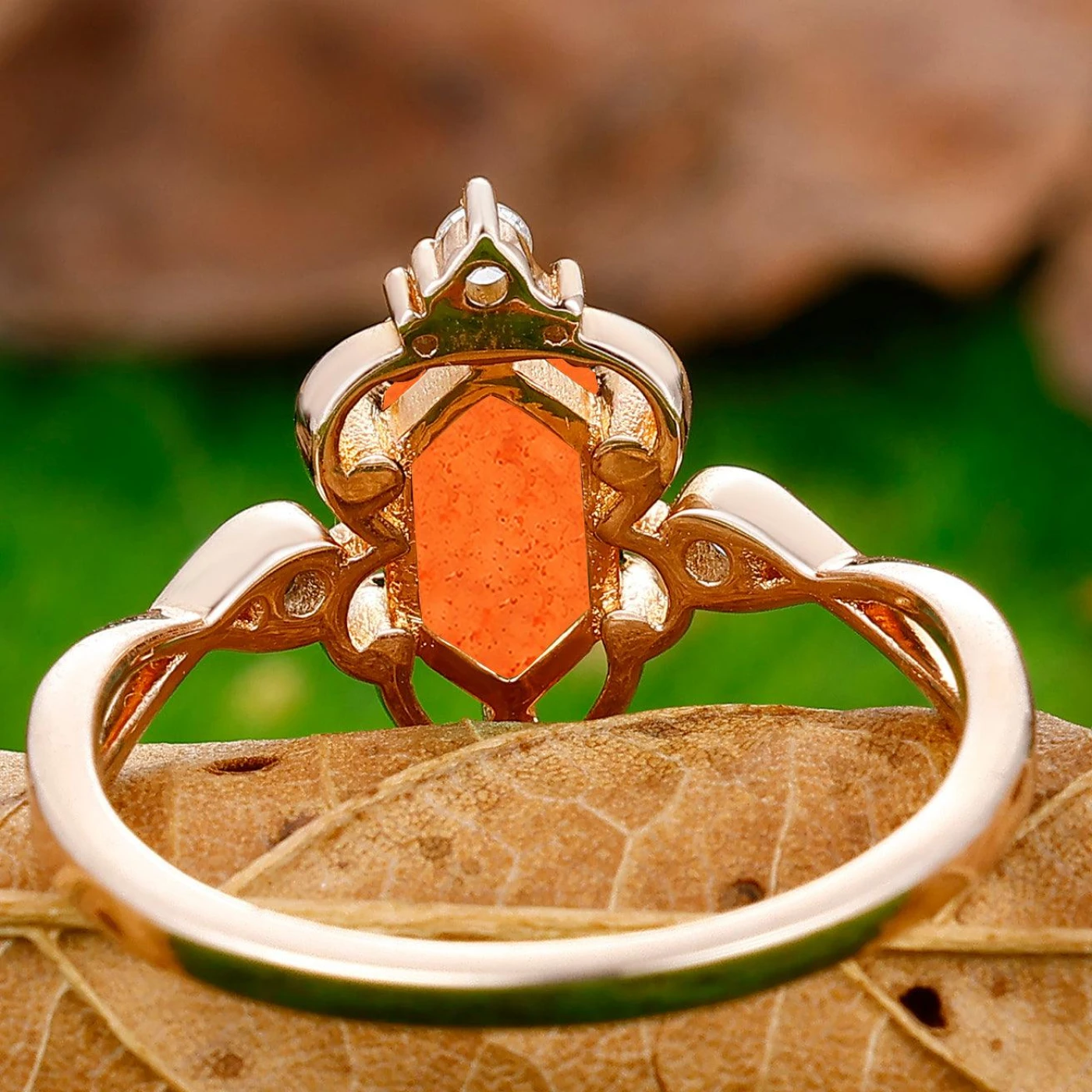 Promise Hollow Long Hexagon Cut Sunstone Vine Ring Bridal Ring Gift - view 4
