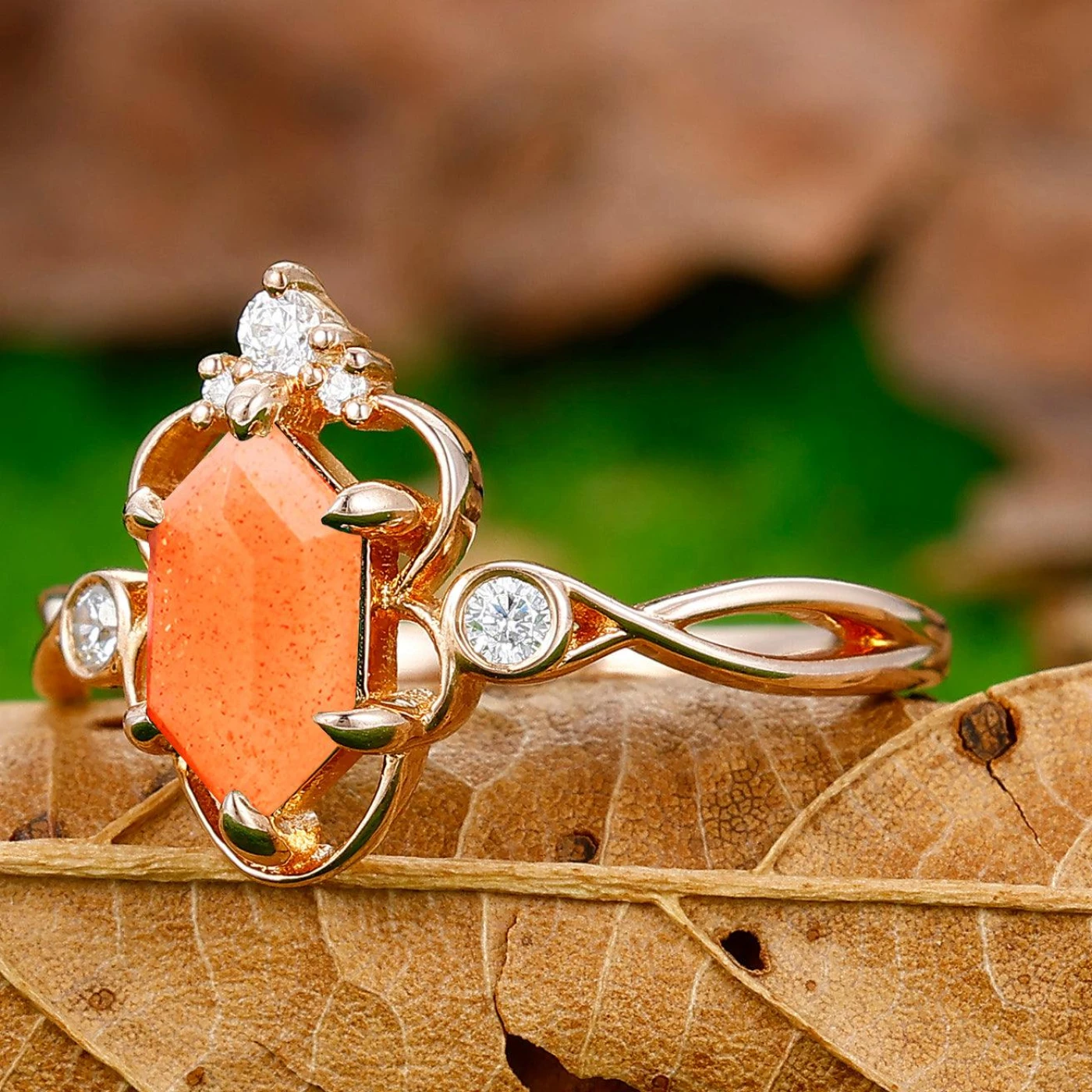 Promise Hollow Long Hexagon Cut Sunstone Vine Ring Bridal Ring Gift - view 2