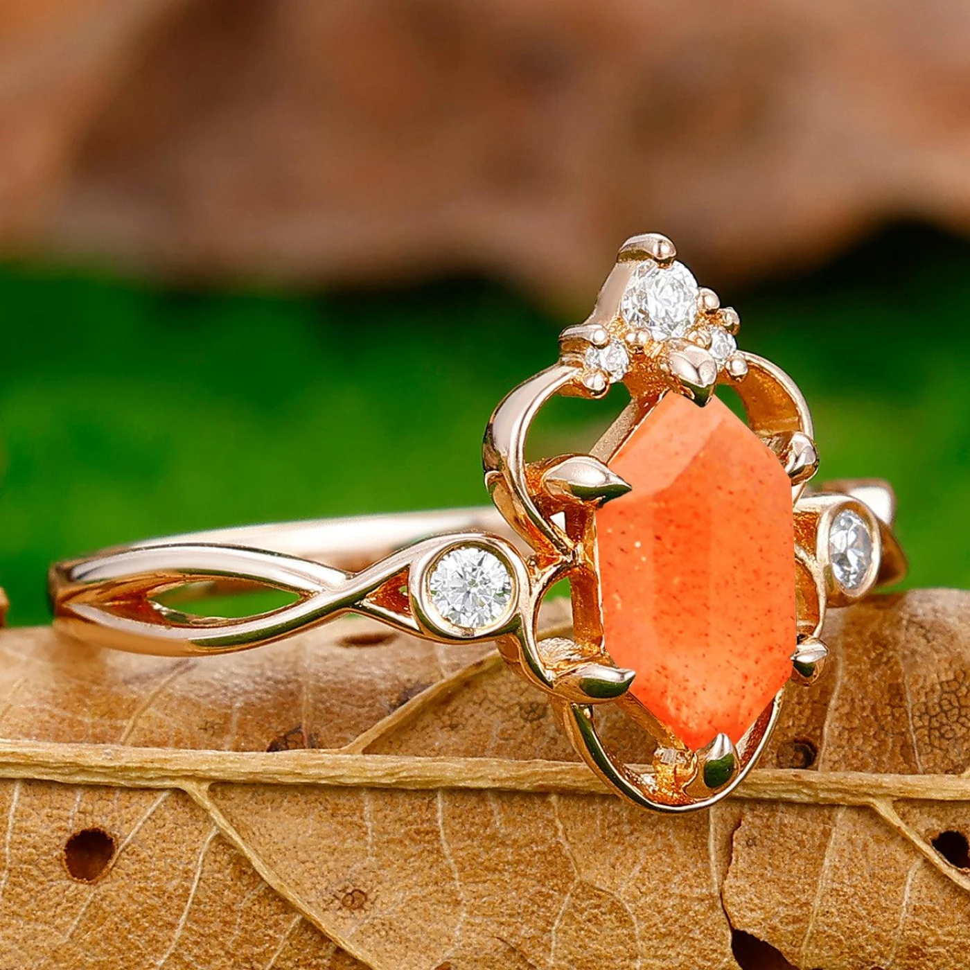 Promise Hollow Long Hexagon Cut Sunstone Vine Ring Bridal Ring Gift - view 3