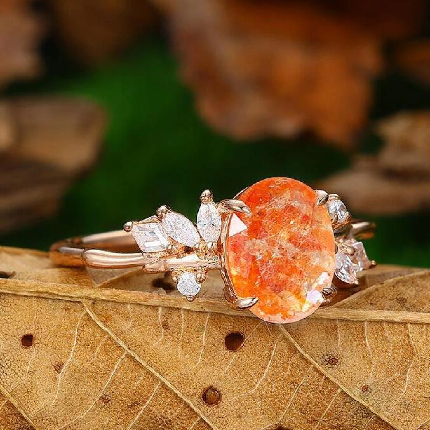 2 CT Oval Shape Cluster Natural Orange Sunstone Bridal Promise Ring - view 3