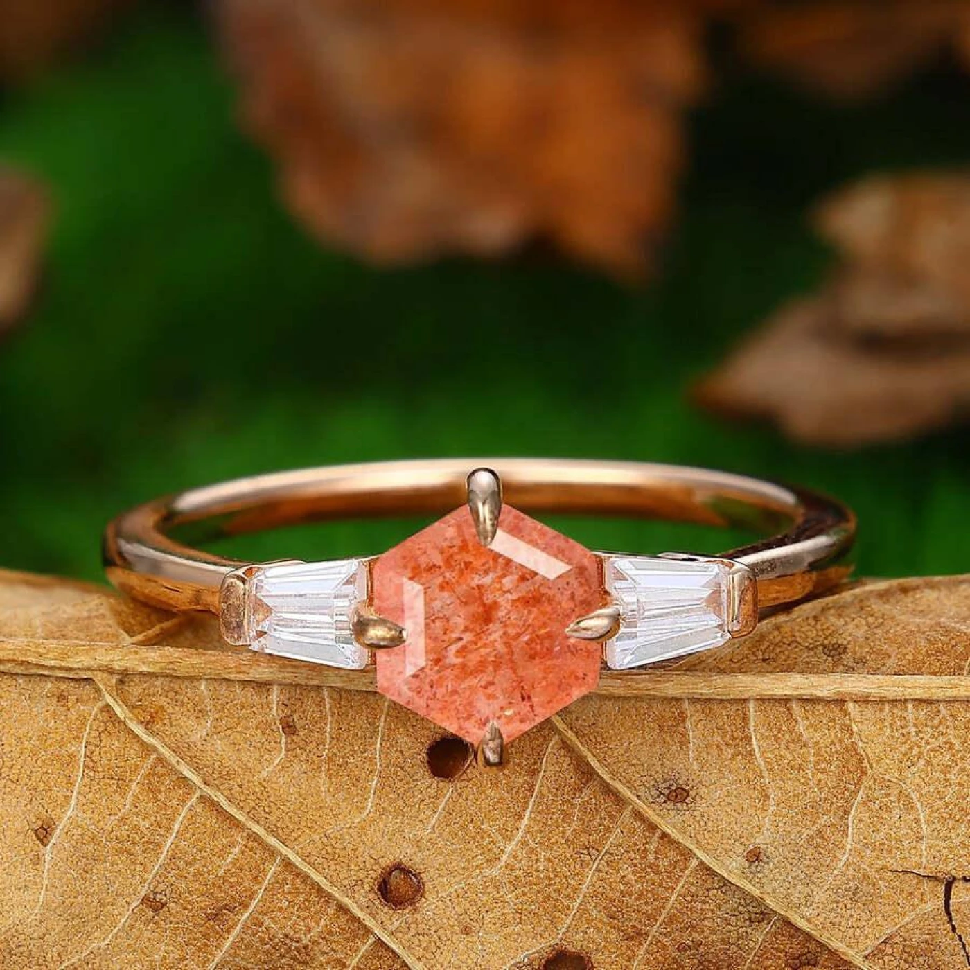 Cluster Hexagon Cut Sterling Sliver Natural Orange Engagement Ring