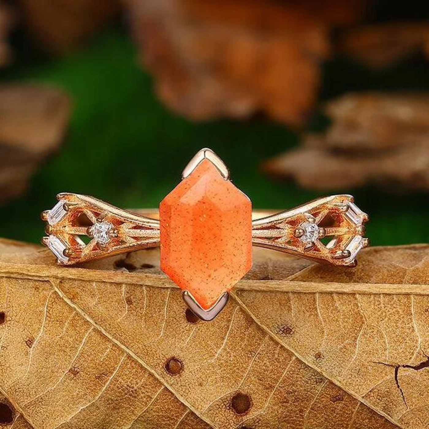 Delicate 14k Solid Rose Gold Hexagon Cut Natural Ring