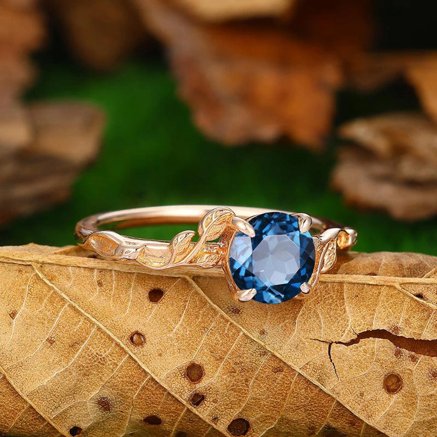 1.25CT Round Cut London blue topaz nature inspired art deco leaf ring - view 2