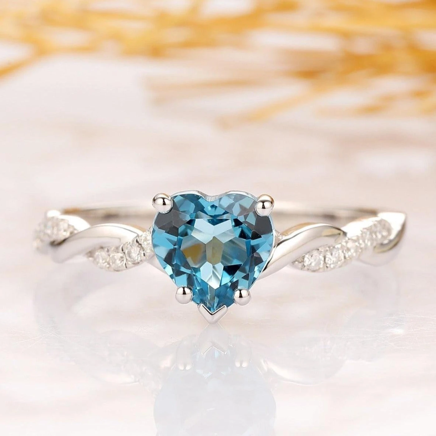 Heart Shape 1CT Topaz Rope Style Accents 14k White Gold Engagement Ring