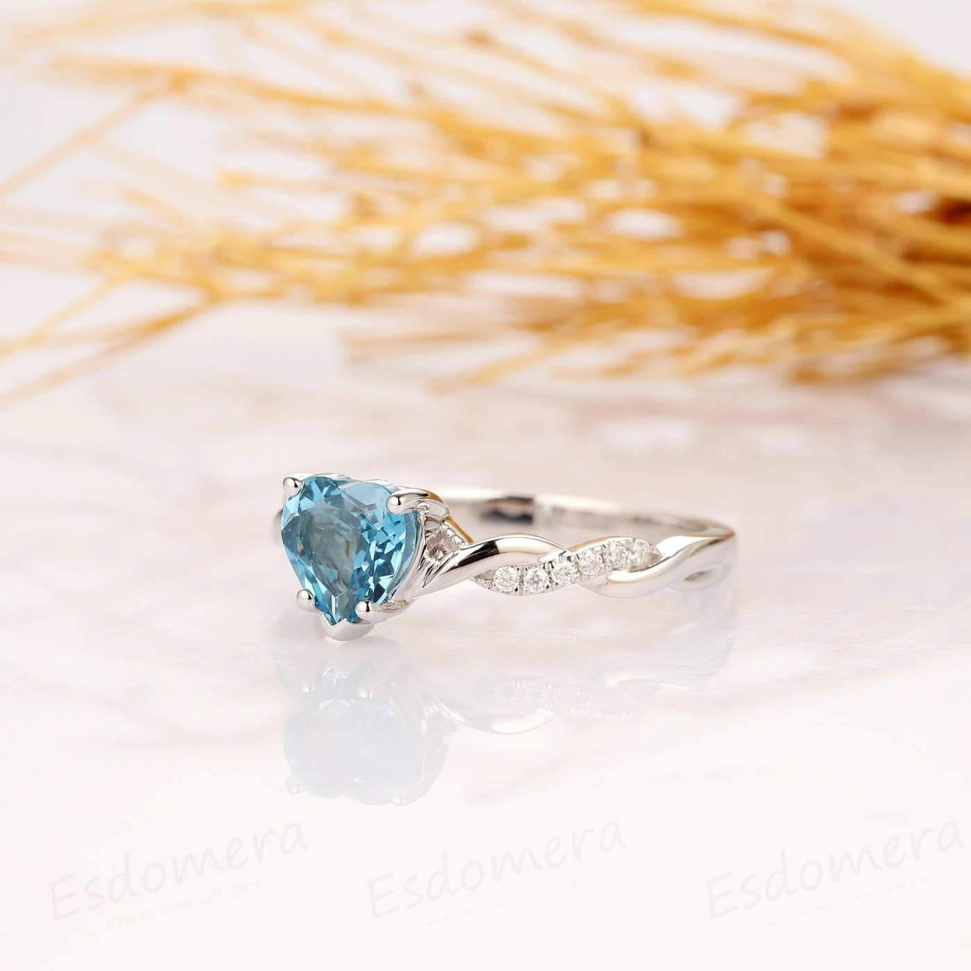 Heart Shape 1CT Topaz Rope Style Accents 14k White Gold Engagement Ring - view 3