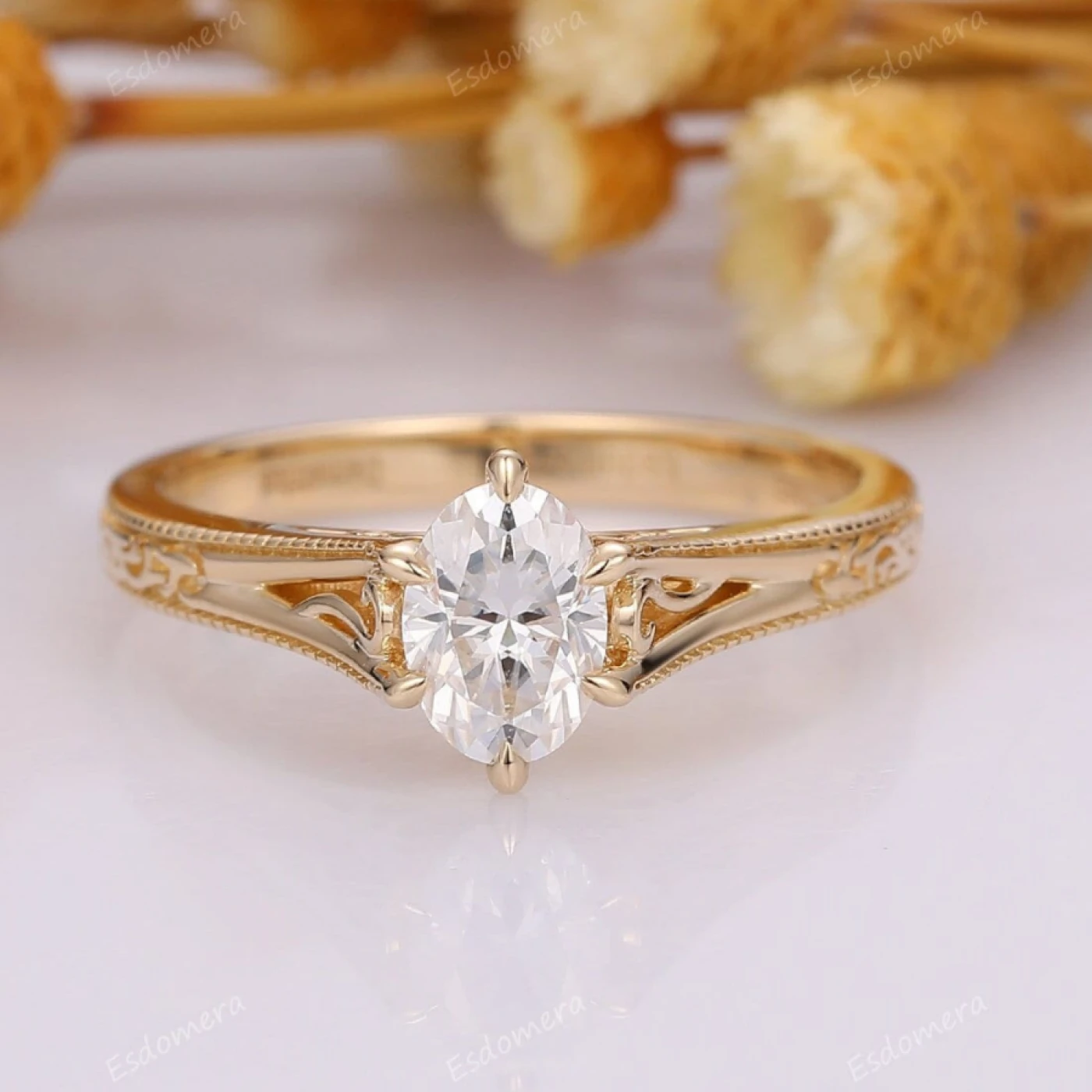 Art Deco Solitaire Oval Engagement Ring Filigreed Prong