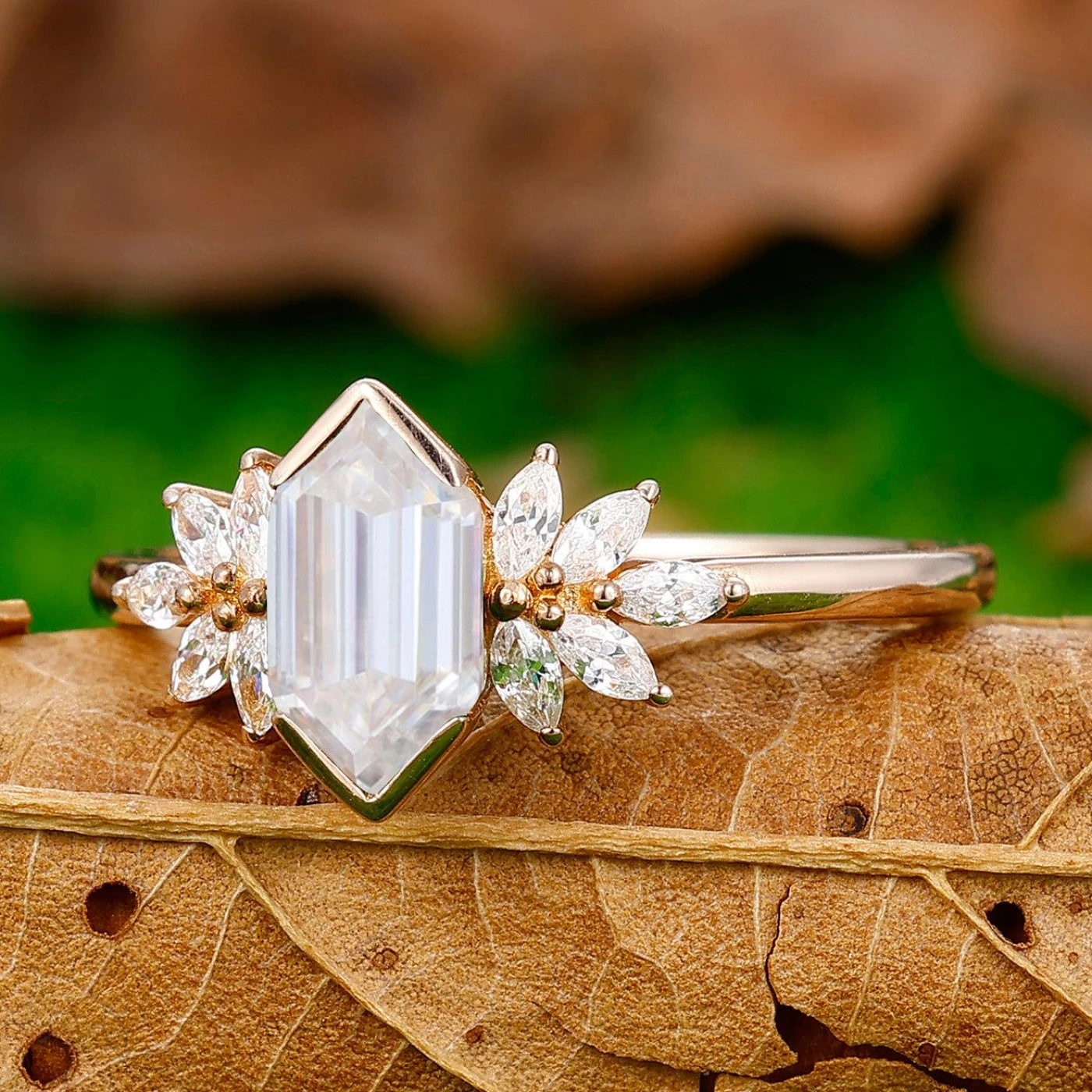 Noble Long Hexagon Cut Moissanite Petal Engagement Ring For Birthday Gift - view 2
