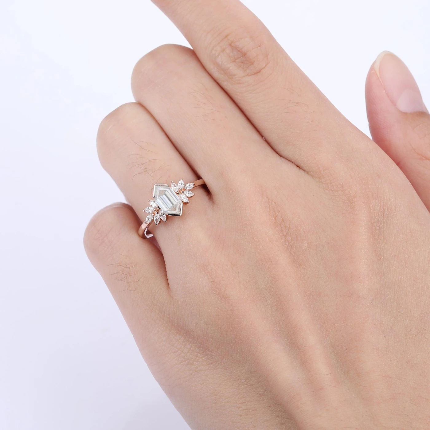 Noble Long Hexagon Cut Moissanite Petal Engagement Ring For Birthday Gift - view 6