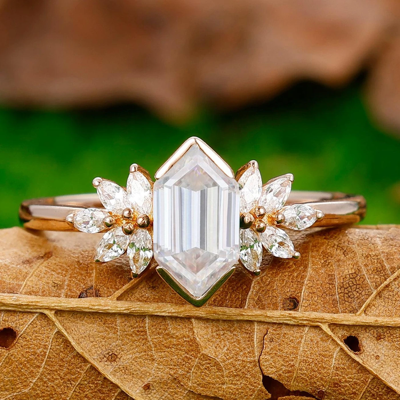 Noble Long Hexagon Cut Petal Engagement Ring For Birthday Gift