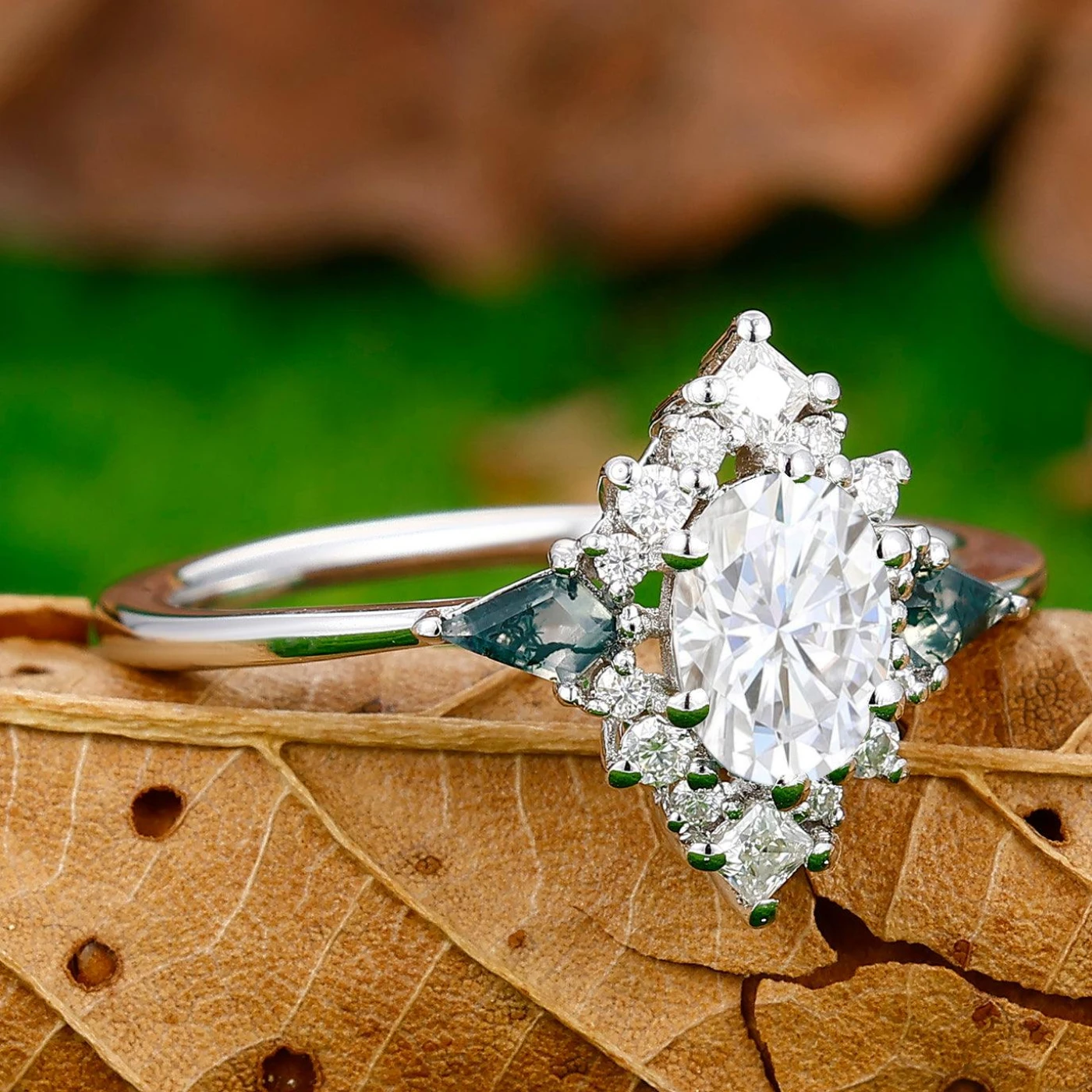 Noble 0.8CT Oval Cut Moissanite Floral Ring Moss Agate Inlay Prongs Women Ring For Anniversary Gift - view 3