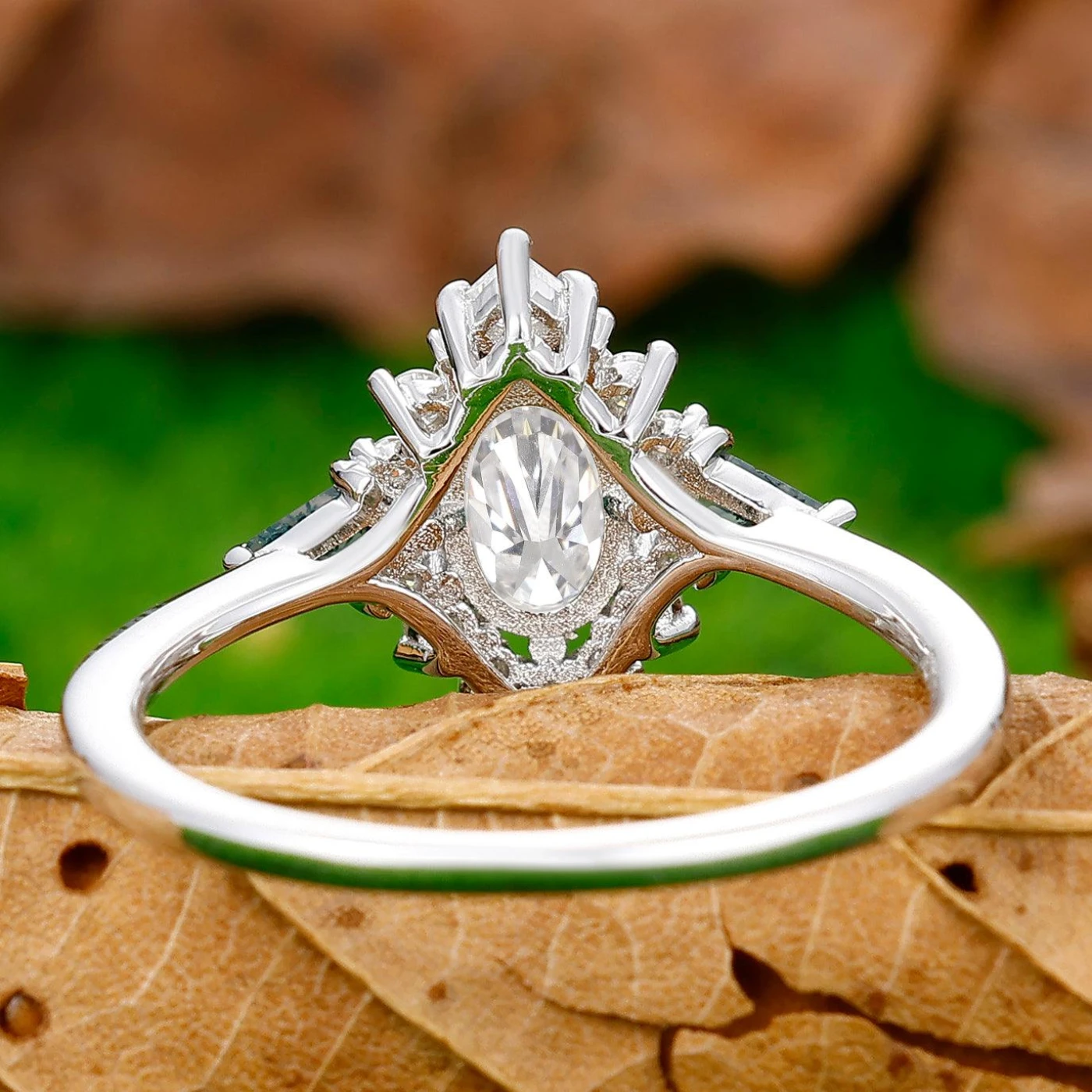 Noble 0.8CT Oval Cut Moissanite Floral Ring Moss Agate Inlay Prongs Women Ring For Anniversary Gift - view 4