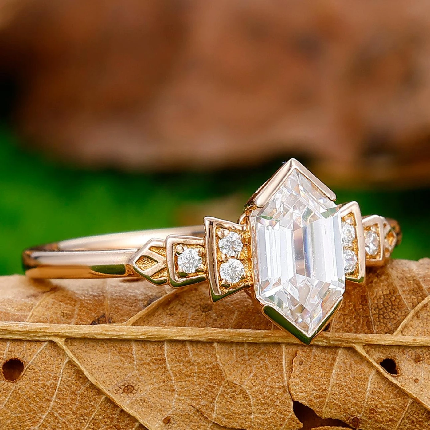 Dainty 1.1 Carat Long Hexagon Cut Moissanite Engagement Ring Moissanite Inlay Anniversary Promise Ring Gift - view 3