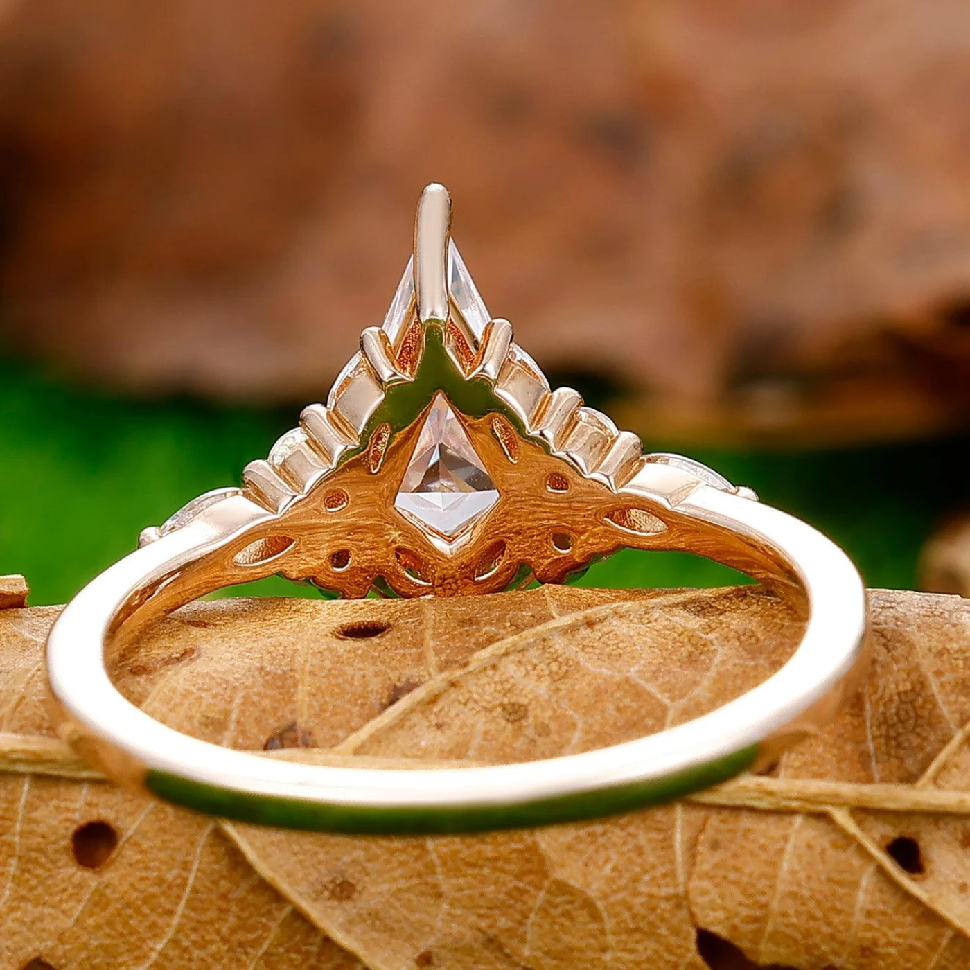 Art Deco 1.35 Carat Kite Cut Moissanite Ring Solid Gold Moissanite Inlay Bridal Ring - view 4