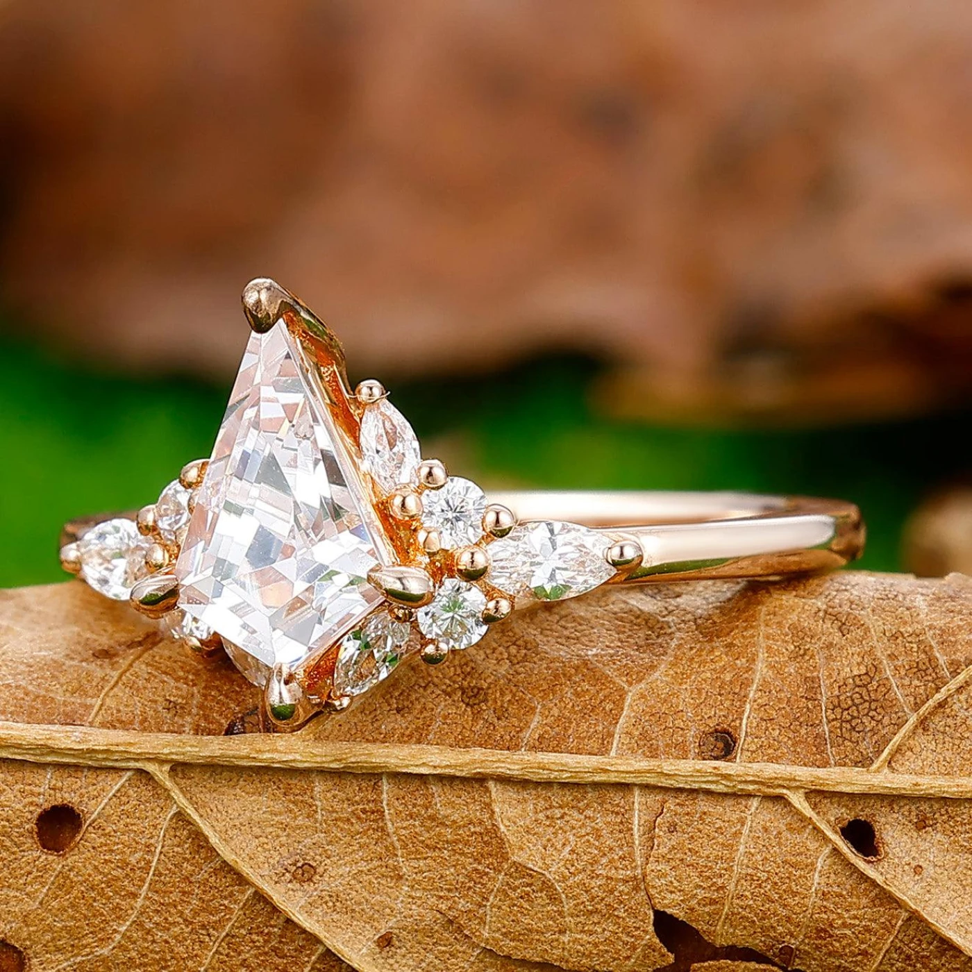 Art Deco 1.35 Carat Kite Cut Moissanite Ring Solid Gold Moissanite Inlay Bridal Ring - view 2