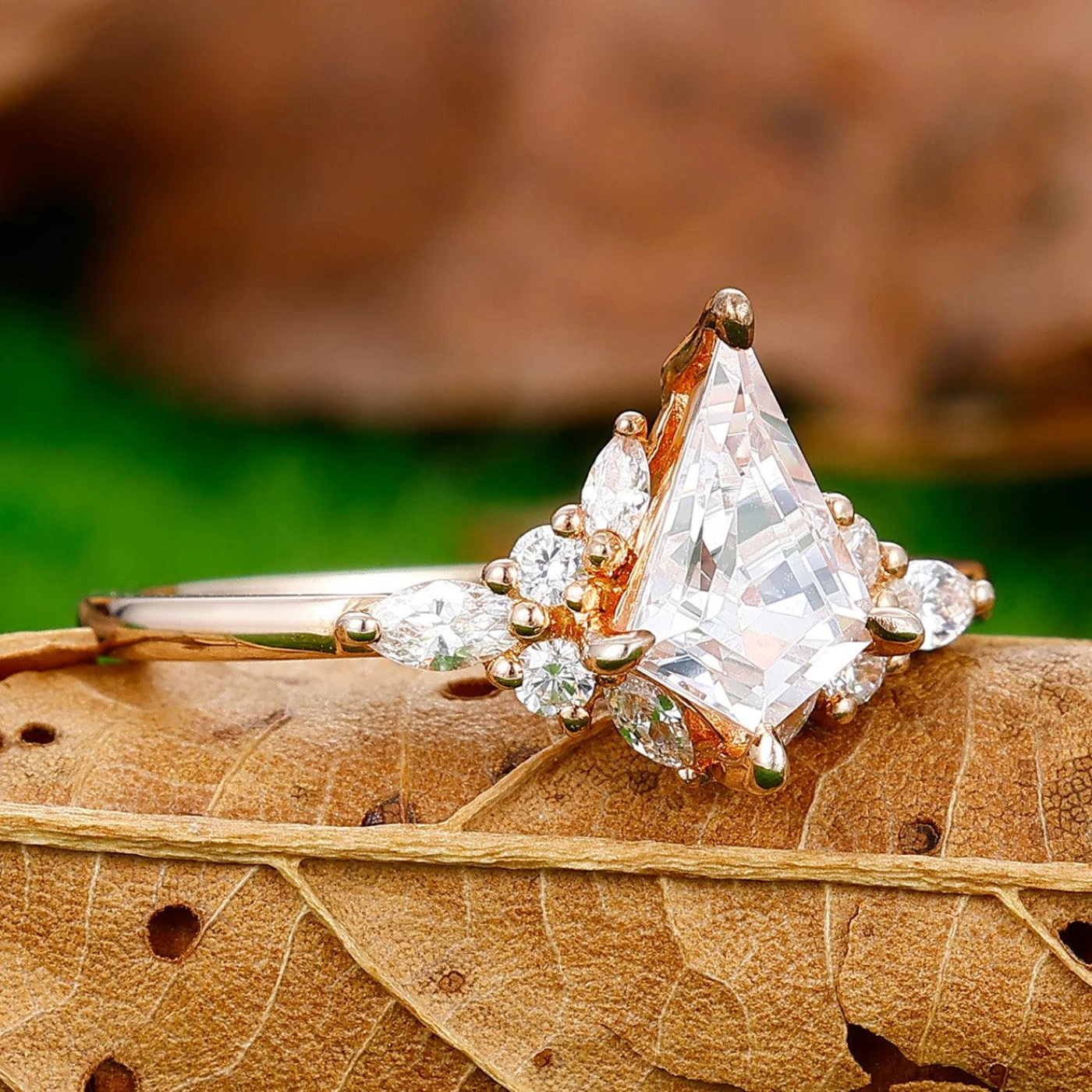 Art Deco 1.35 Carat Kite Cut Moissanite Ring Solid Gold Moissanite Inlay Bridal Ring - view 3
