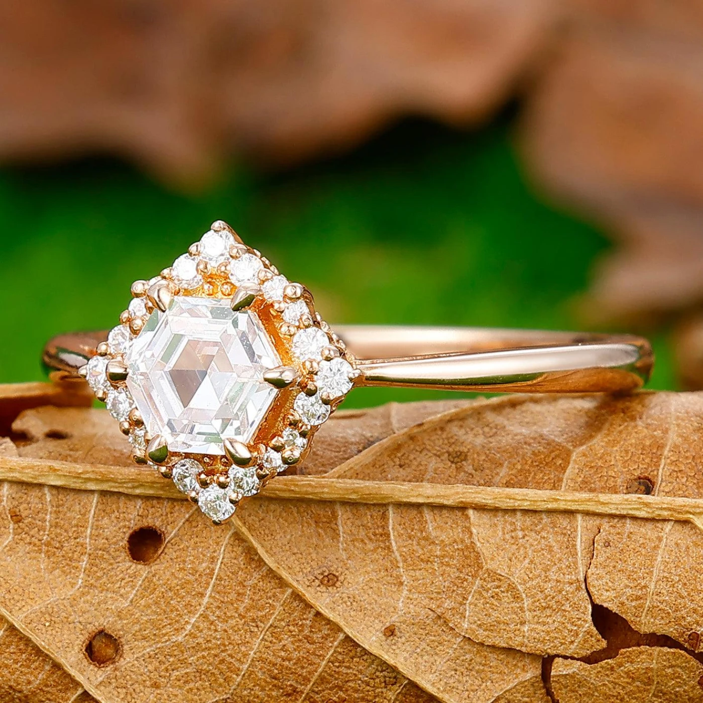 Antique 0.55CT Hexagon Cut Moissanite Engagement Ring Milgrain Moissanite Cluster Ring Gift For Women - view 2