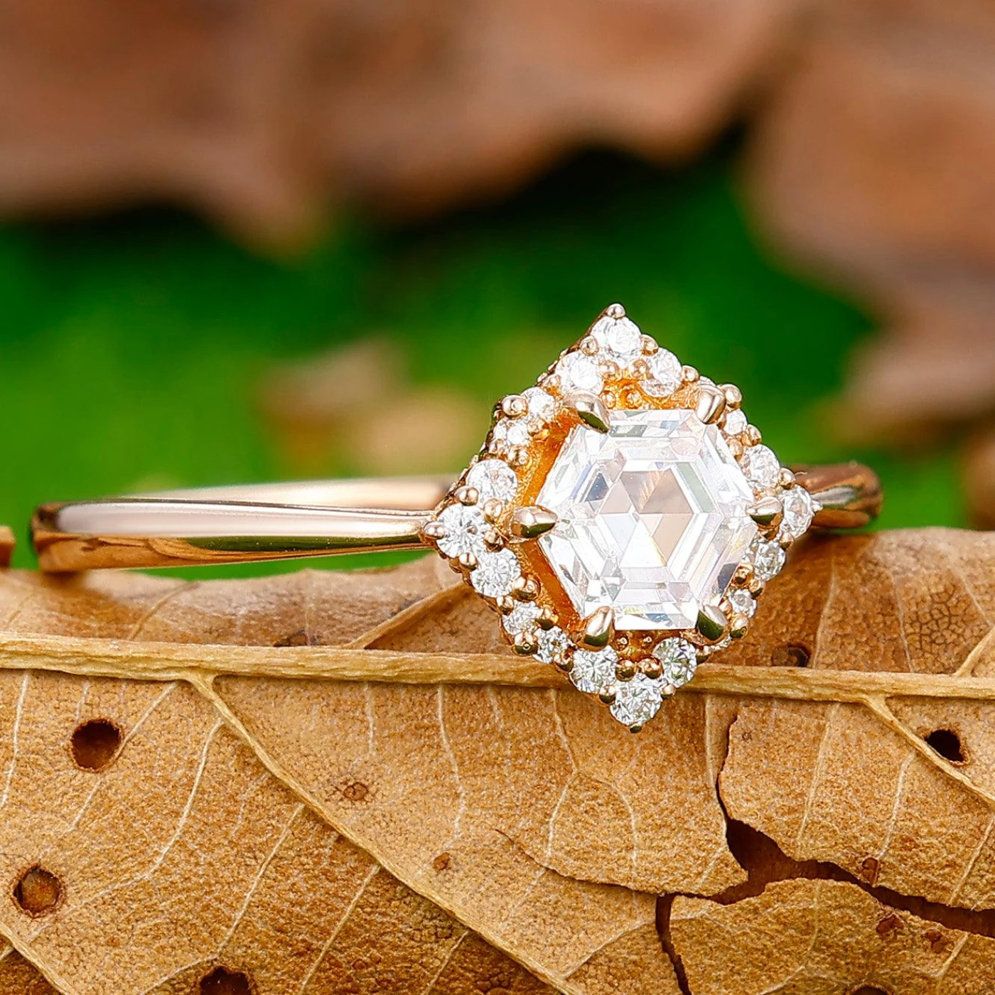 Antique 0.55CT Hexagon Cut Moissanite Engagement Ring Milgrain Moissanite Cluster Ring Gift For Women - view 3