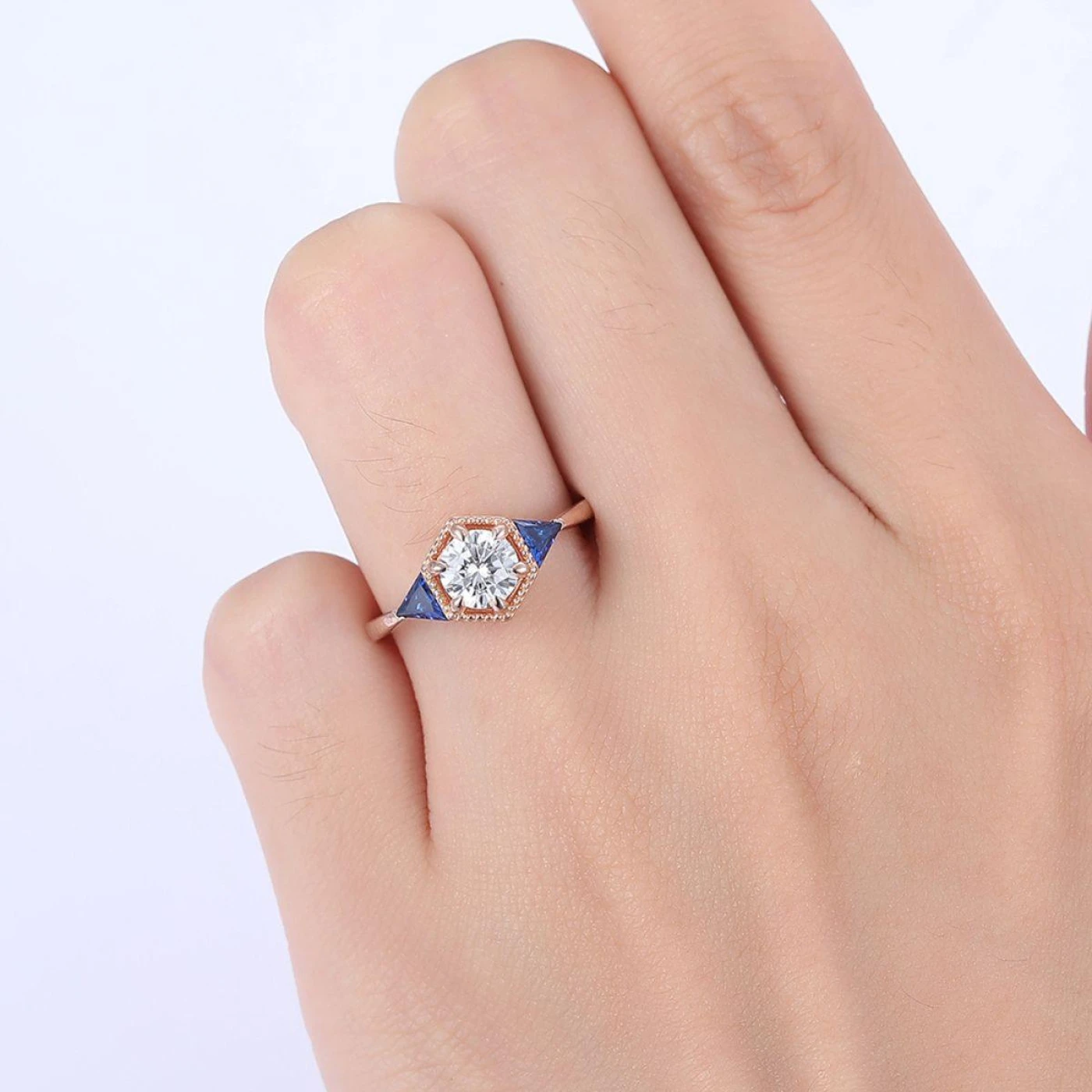 1CT Round Cut Moissanite Engagement Ring Sapphire Inlaid Women Fine Ring - view 5