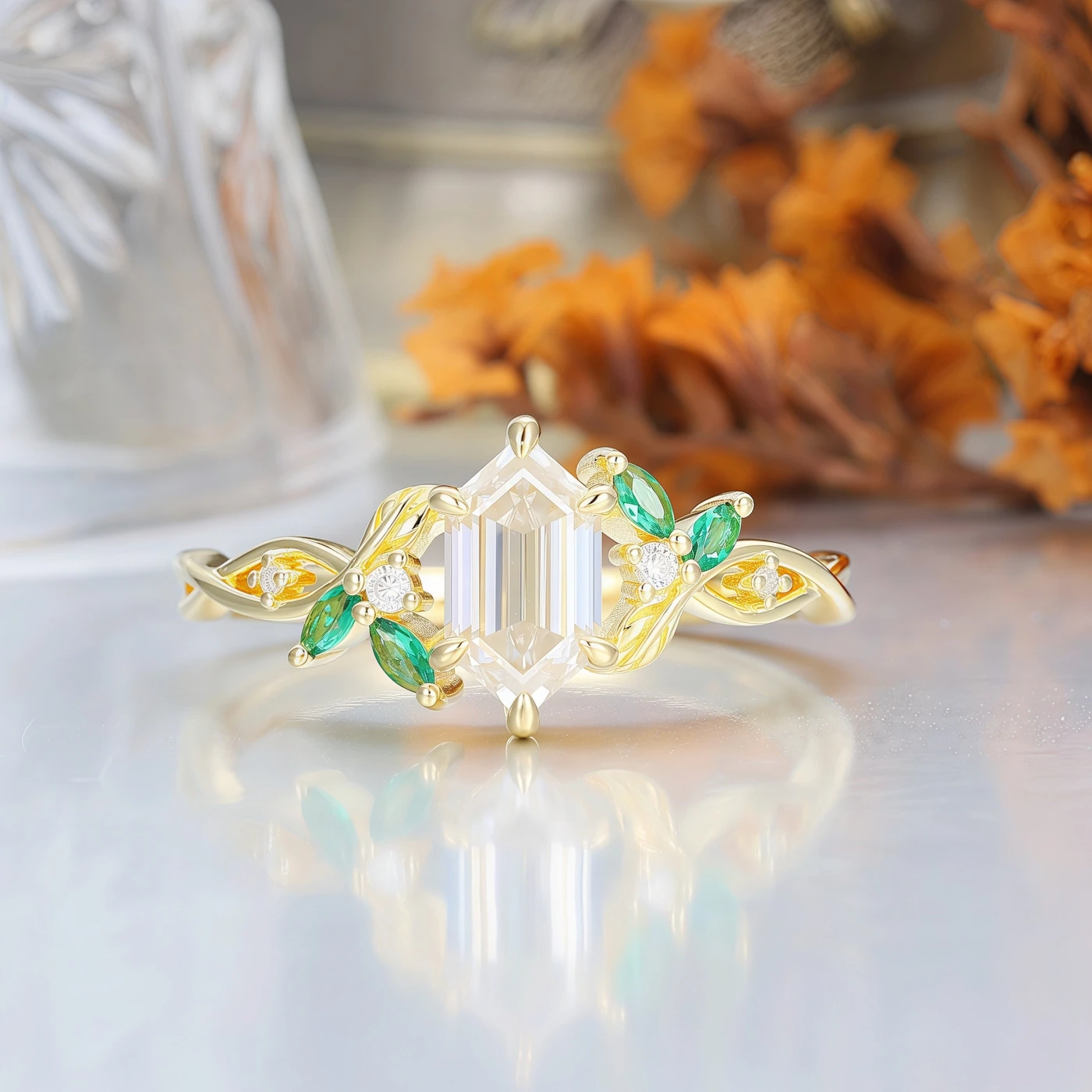 1.1CT Long Hexagon Cut Moissanite 14k Solid Gold Art Deco Leaf Engagement Ring