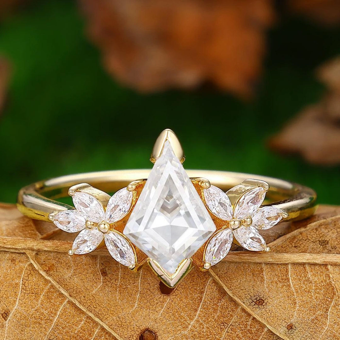 Vintage Kite Cut Moissanite 14k Rose Gold Prong Bridal Ring Set - view 7
