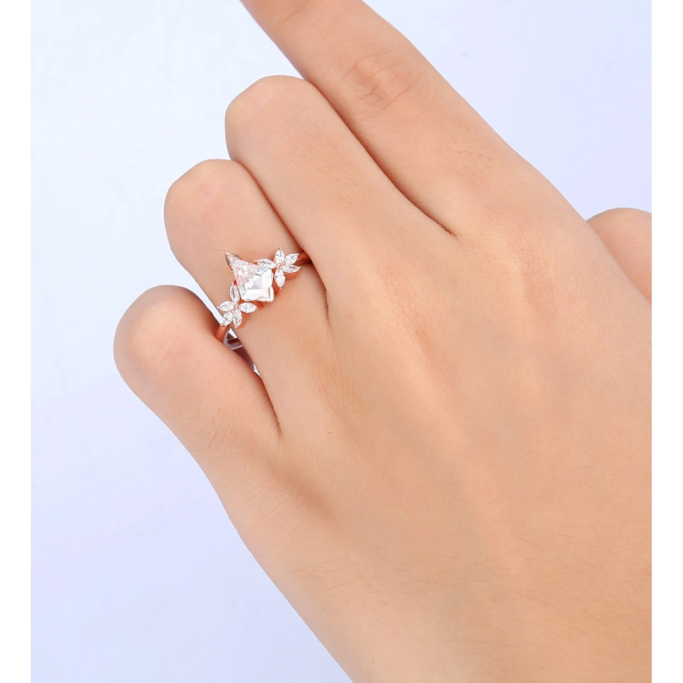 Vintage Kite Cut Moissanite 14k Rose Gold Prong Bridal Ring Set - view 6