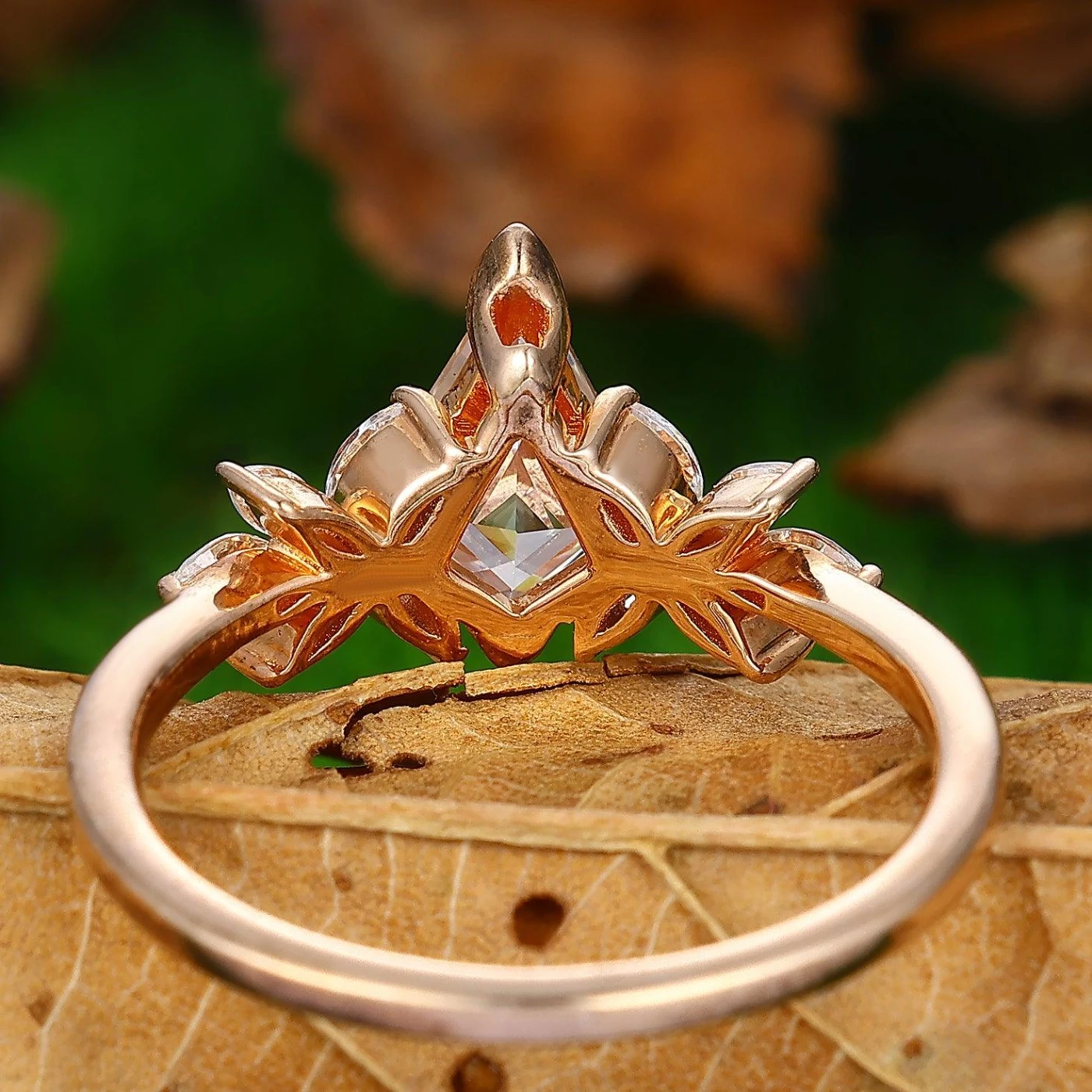 Vintage Kite Cut Moissanite 14k Rose Gold Prong Bridal Ring Set - view 4