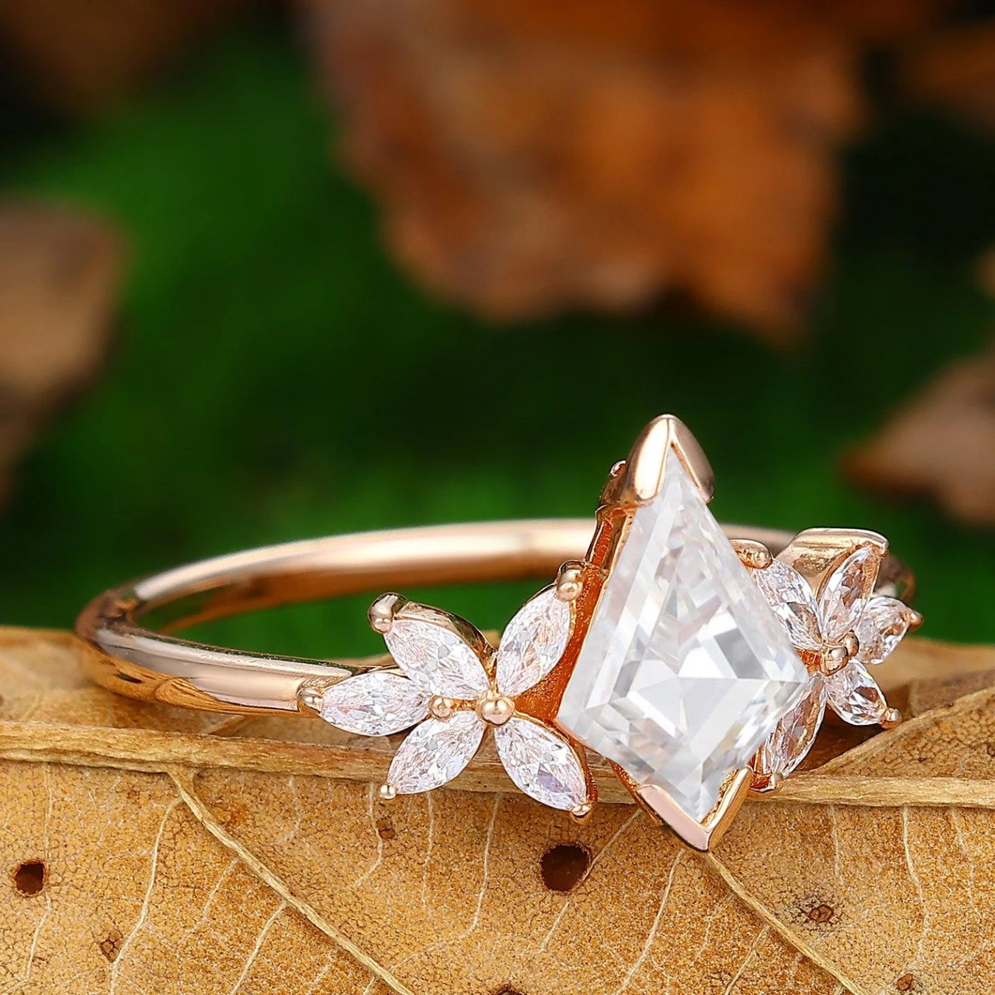 Vintage Kite Cut Moissanite 14k Rose Gold Prong Bridal Ring Set - view 3