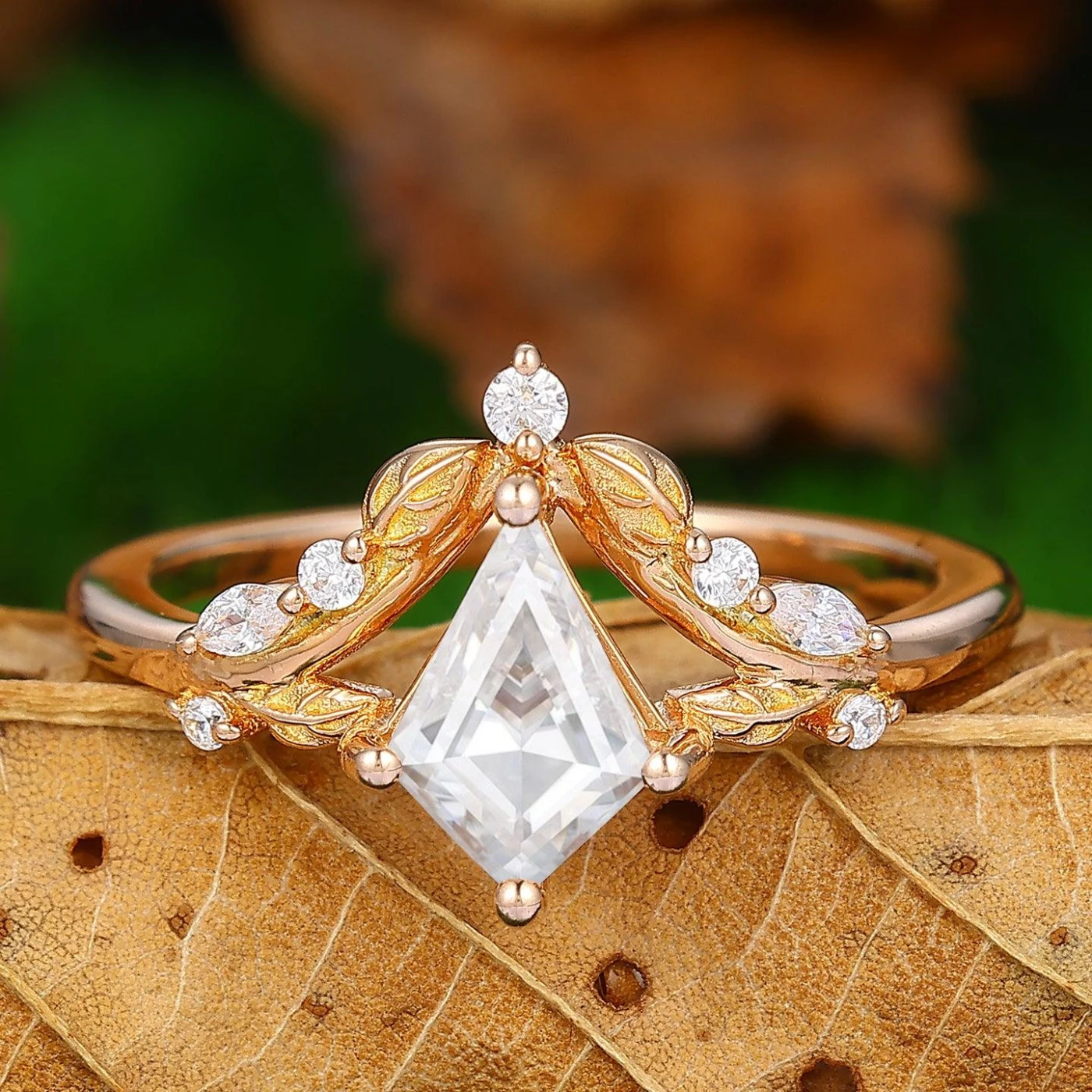 1.35CT Kite Cut Crown Leaf Design Ring