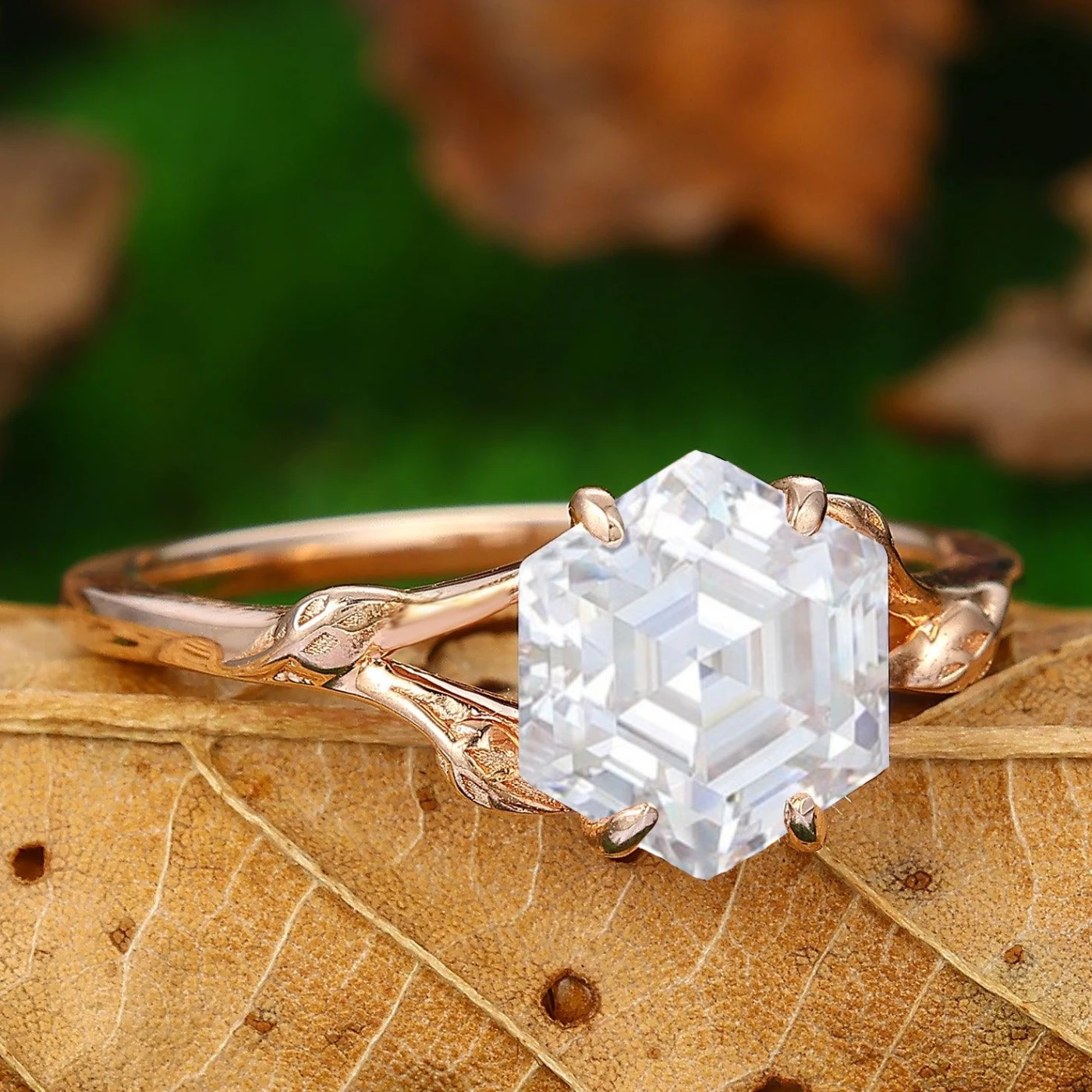 2.20CT Hexagon Cut Moissanite Prong Setting Split Shank Solitaire Ring Unique Leaf Design Ring - view 3
