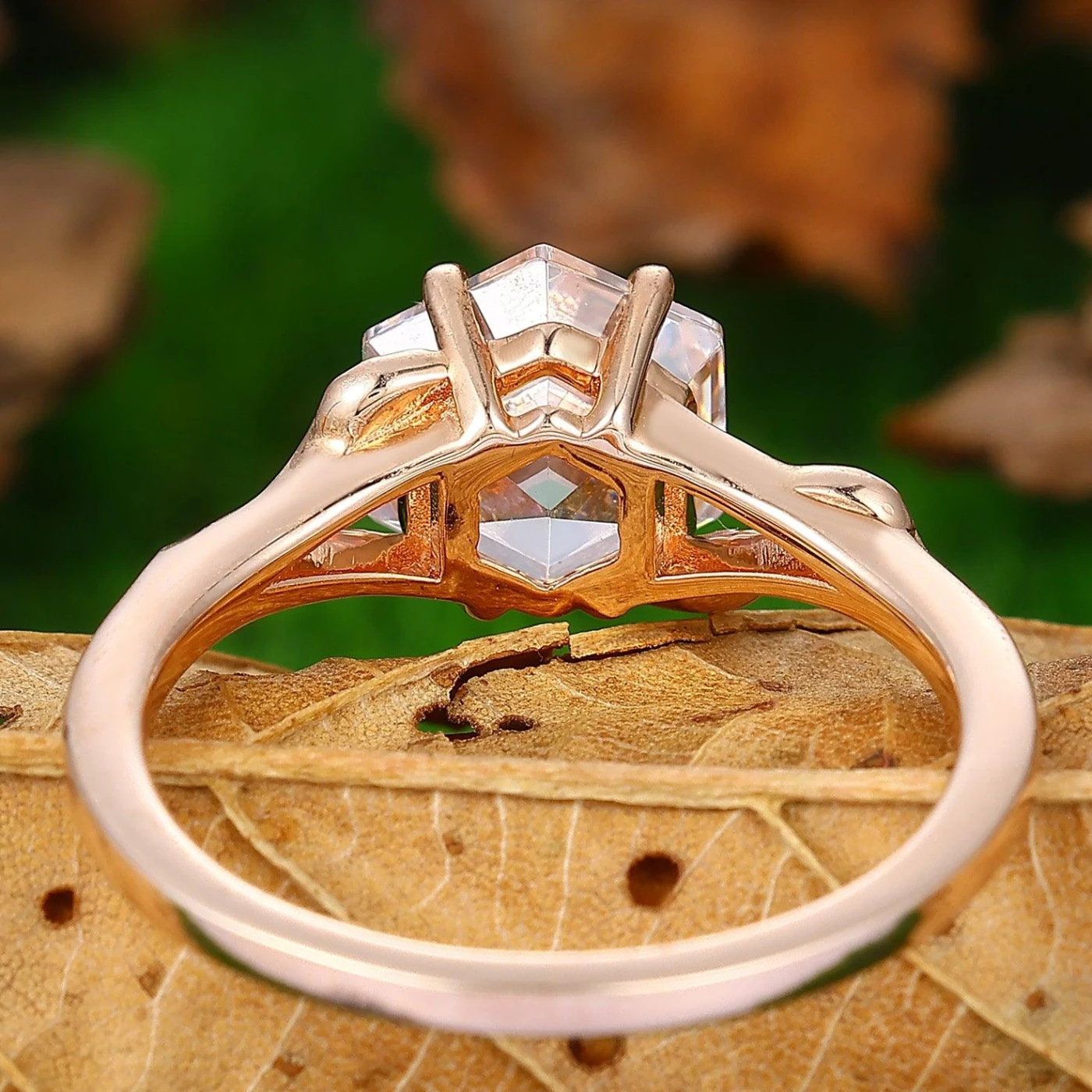 2.20CT Hexagon Cut Moissanite Prong Setting Split Shank Solitaire Ring Unique Leaf Design Ring - view 4