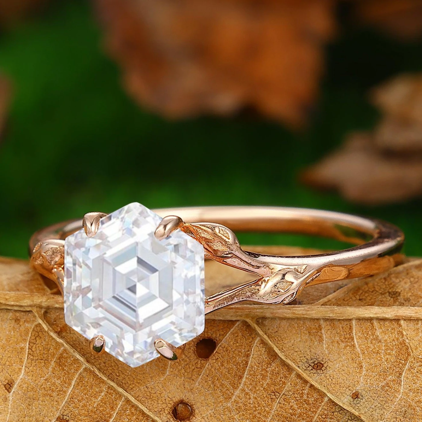 2.20CT Hexagon Cut Moissanite Prong Setting Split Shank Solitaire Ring Unique Leaf Design Ring - view 2